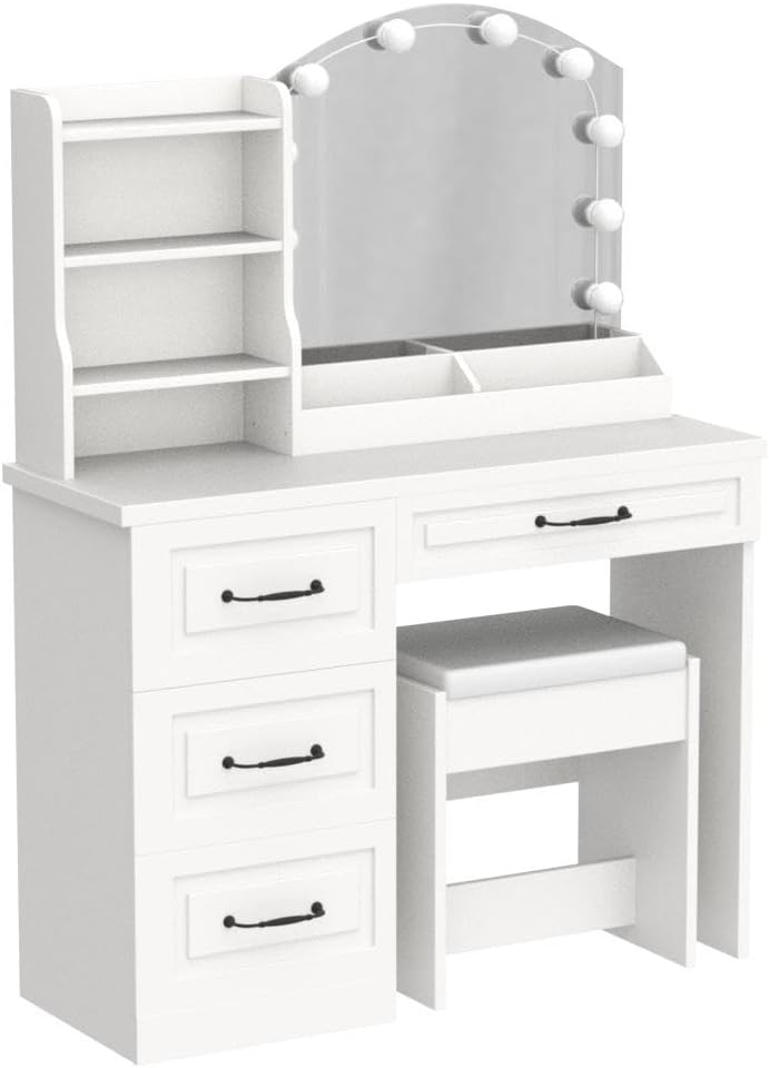Vabches Makeup Vanity Desk with Mirror and Lights & Power Outl,White Dressing Table 3 Lighting Colors, 4 Drawers, Makeup Vanity Set for Bedroom