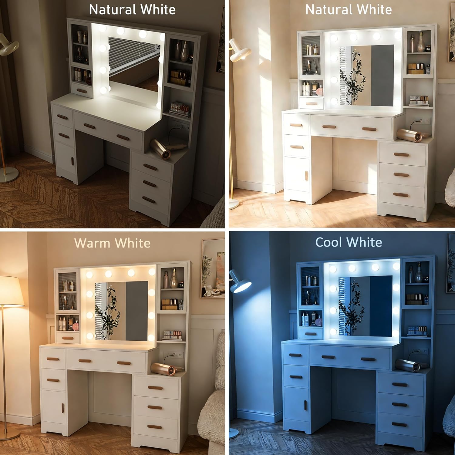 DYHOME Large Vanity Desk with LED Light Mirror & Power Outlet, 3 Lighting Modes, Adjustable Bright, White Makeup Vanity, 7 Drawers, 3 Storage Cabinet, Dressing Table for Women, Girls, Teens, Bedroom