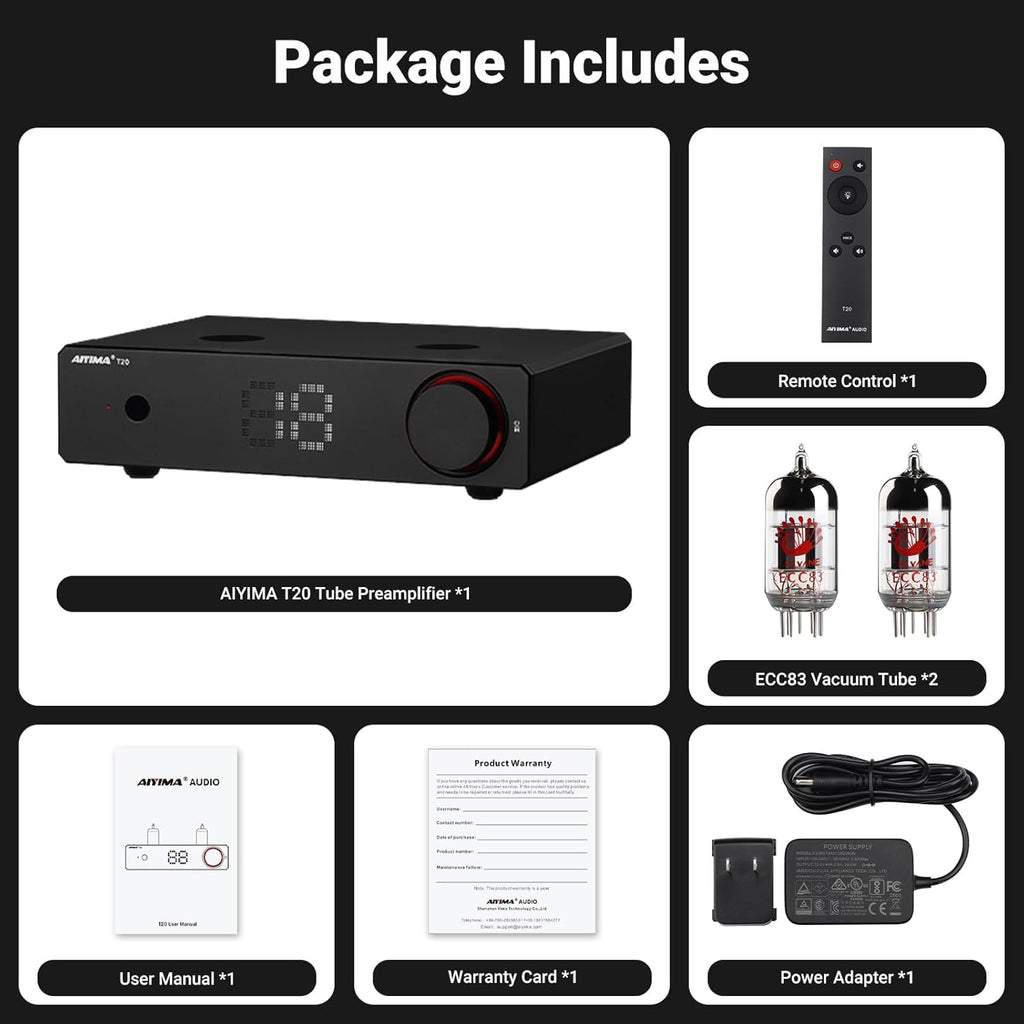 AIYIMA T20 Fully Balanced Tube Preamp for Home Audio - ECC83 Tube Design, Swappable Op-Amps & Tubes, XLR/RCA Inputs/Outputs, Pre-Amp for 2 Channel Stereo Hi-Fi Amplifier & 2.1 Theater Setup