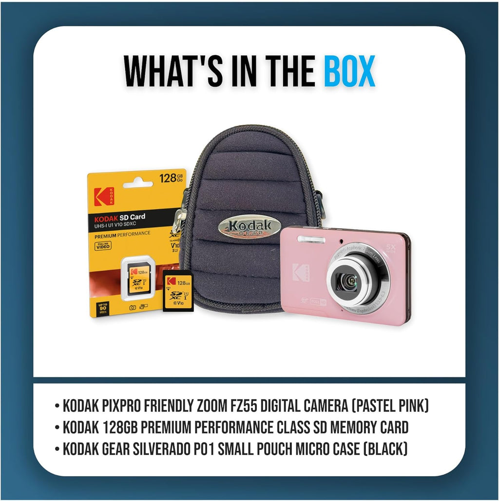 KODAK PixPro FZ55 Friendly Zoom Pastel Pink 16MP Full HD Digital Camera Bundle with High-Speed 128GB SD Card and Small Pouch Black Case (3 Items)