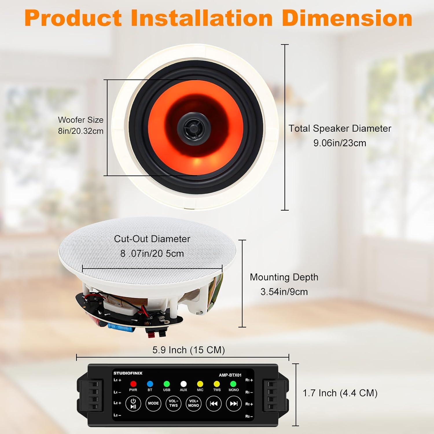 STUDIOFINIX 8 Inch Bluetooth Ceiling Speakers with 4-Channel Amplifier, 800W Max Power, 4 Speakers - Crisp Clear Sound for Living Room, Office, Kitchen, Basement, Covered Patio