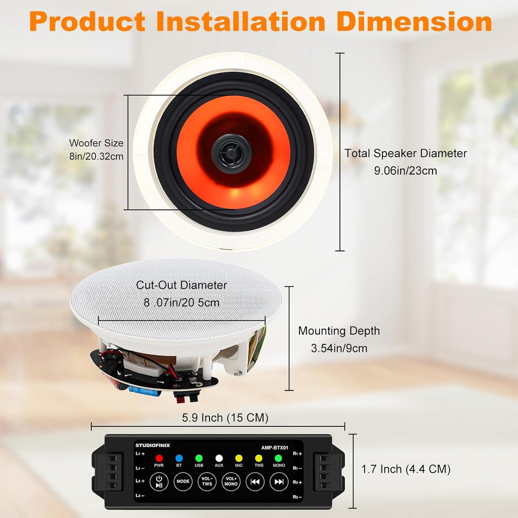STUDIOFINIX 8 Inch Bluetooth Ceiling Speakers with 4-Channel Amplifier, 800W Max Power, 4 Speakers - Crisp Clear Sound for Living Room, Office, Kitchen, Basement, Covered Patio