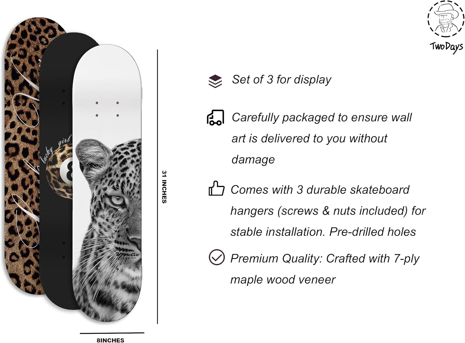 TwoDays Stockholm Cheetah Skateboard Wall Decor - Leopard Print Modern Style Wall Mount Art Set for Men's Apartment & Dorm, Cool Skate Deck, Trendy Skater Room Design (Set of 3)