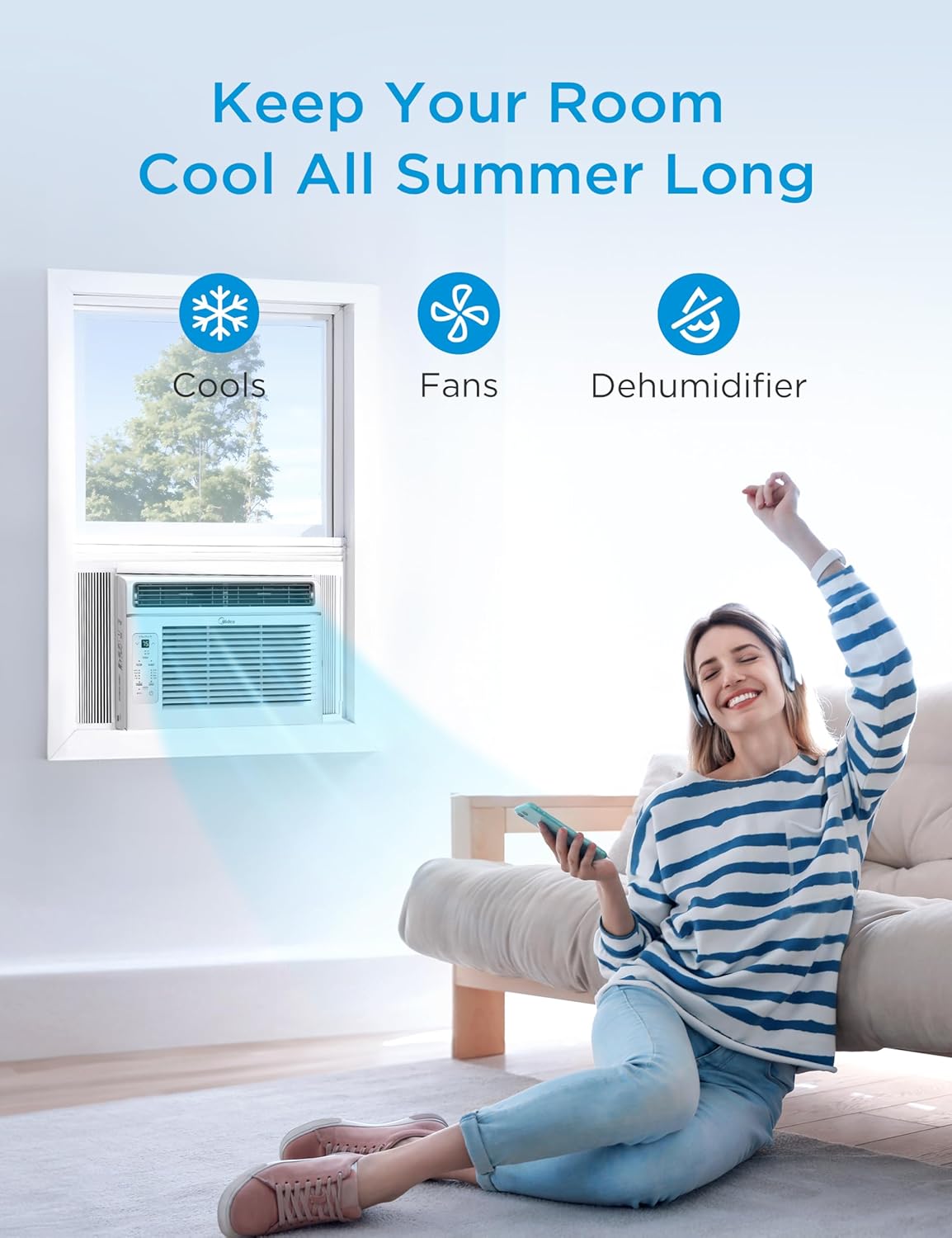 Midea 6,000 BTU Window Air Conditioner, 3-in-1 Cool/Fan/Dehumidifier Window AC Unit, Easycool Air Conditioner with Remote Control, Cools up to 250 Sq. Ft., Fits bedroom, study, office
