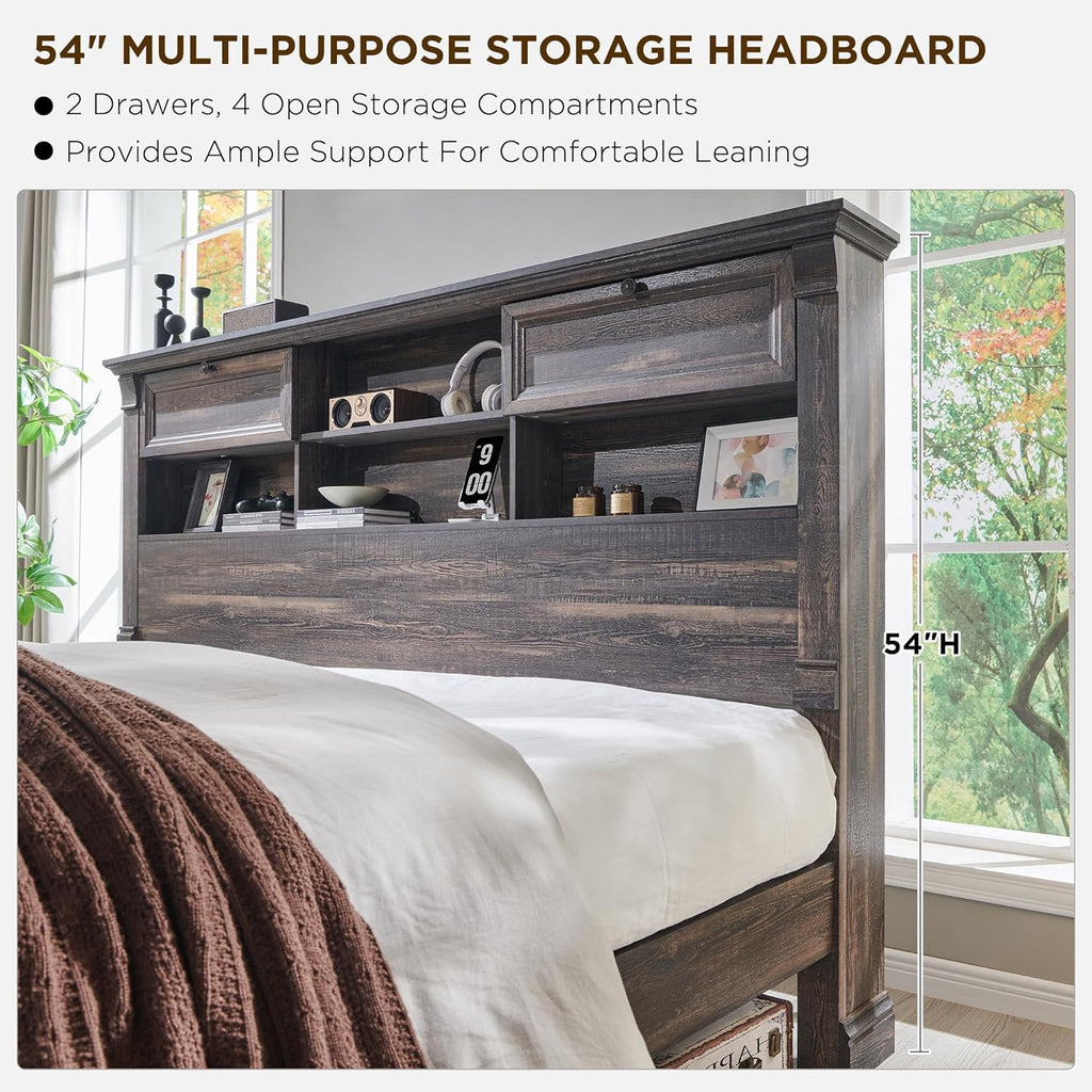 Farmhouse Queen Size Bed Frame with 54" Tall Headboard, Headboard with 4 Storage Rack, 2 Drawers, 18" Roman Column Decoration Footboard, Wood Platform Bed Frame, No Box Spring Needed(Dark Rustic Oak)