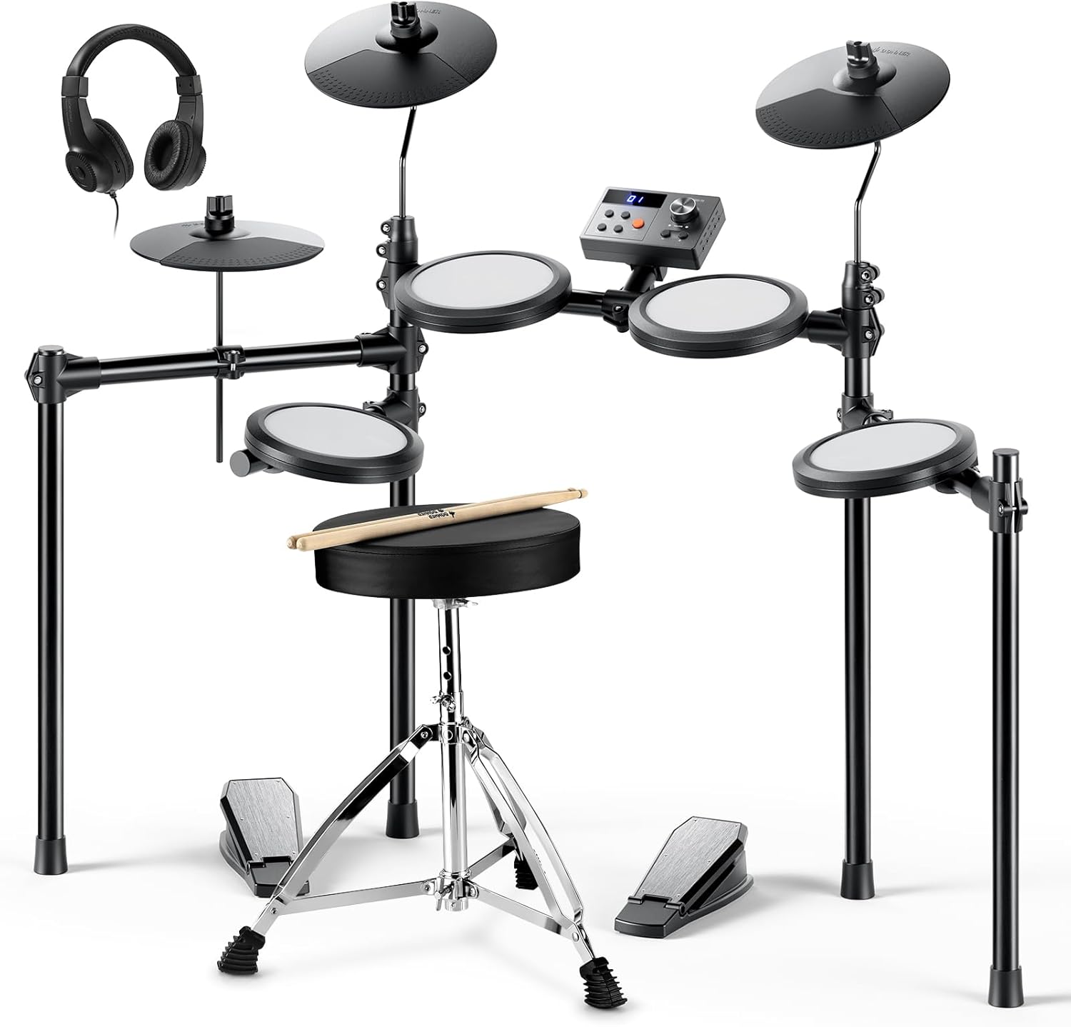 Donner Electric Drum Set, DED-70 Electronic Drum Kit for Beginner with 150 Sounds, 4 Quiet Mesh Pads, 9" Cymbals, USB MIDI, Type-C Charging, 2 Pedal, Throne, Headphones, Sticks, Melodics Lessons