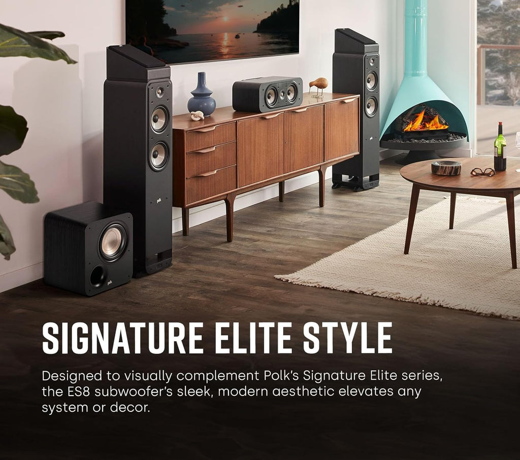 Polk Audio Signature Elite ES8 Powered Subwoofer (Black), 8" Long-Throw Woofer with Mineral-Filled Polymer Cone, 100W Class D Amplifier, Front Firing Home Subwoofer, Time-Smart Phase Control