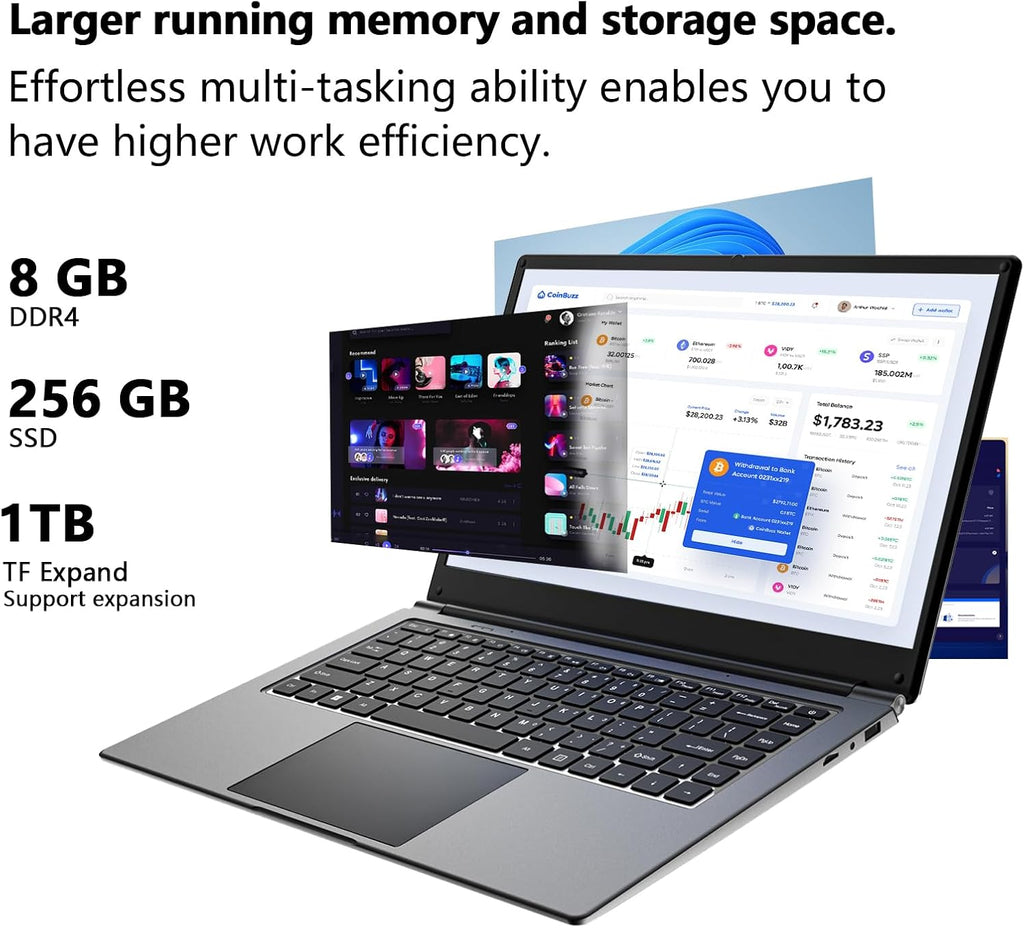 Laptop 16-inch , 8GB DDR 256GB SSD portable laptop computer, expandable to 1TB, Pentium quad-core CPU up to 2.64 GHz, 9000mAh battery, interface, USB3.0 interface, dual-band WiFi, webcam, slim laptops