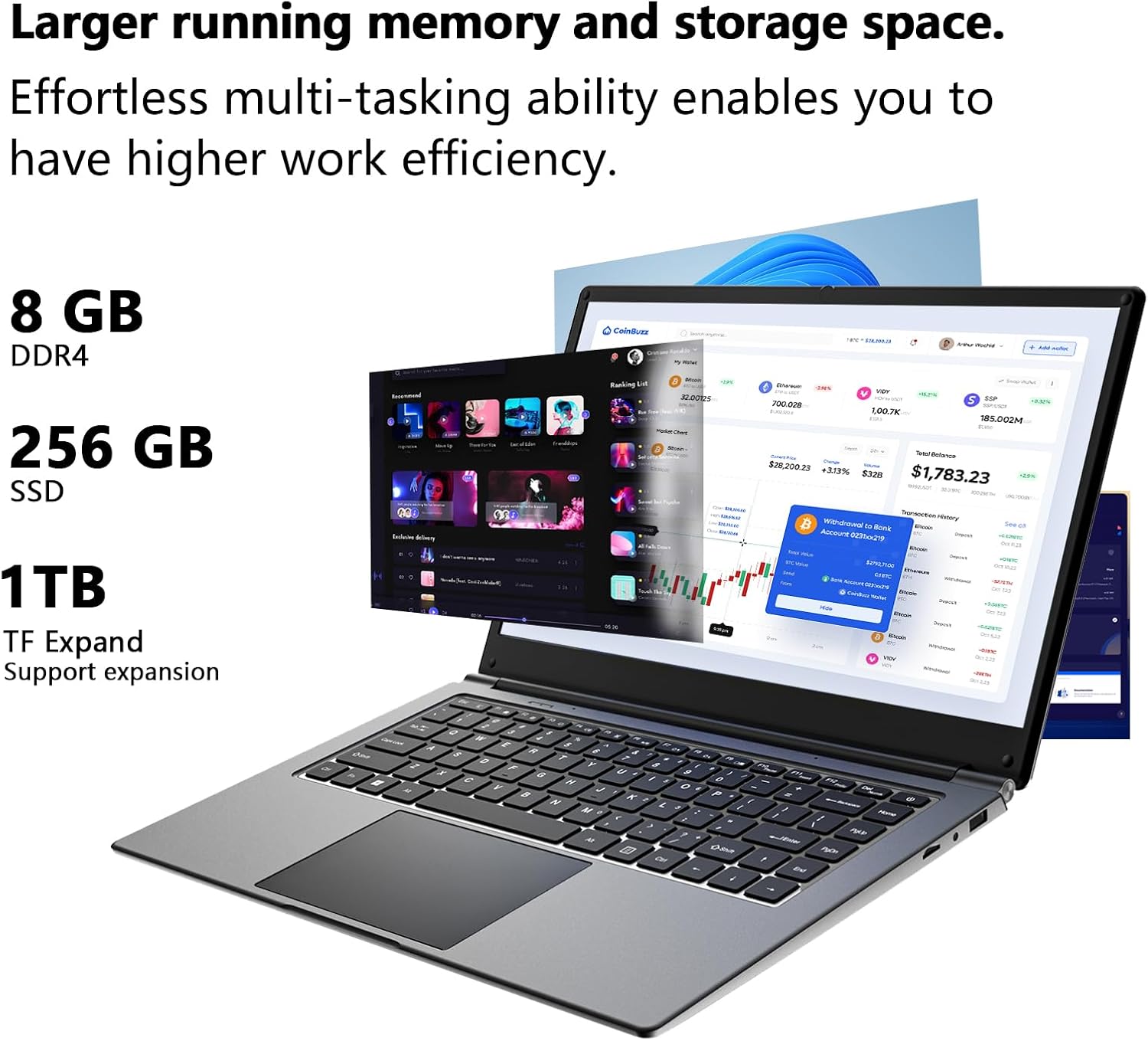 Laptop 16-inch , 8GB DDR 256GB SSD portable laptop computer, expandable to 1TB, Pentium quad-core CPU up to 2.64 GHz, 9000mAh battery, interface, USB3.0 interface, dual-band WiFi, webcam, slim laptops