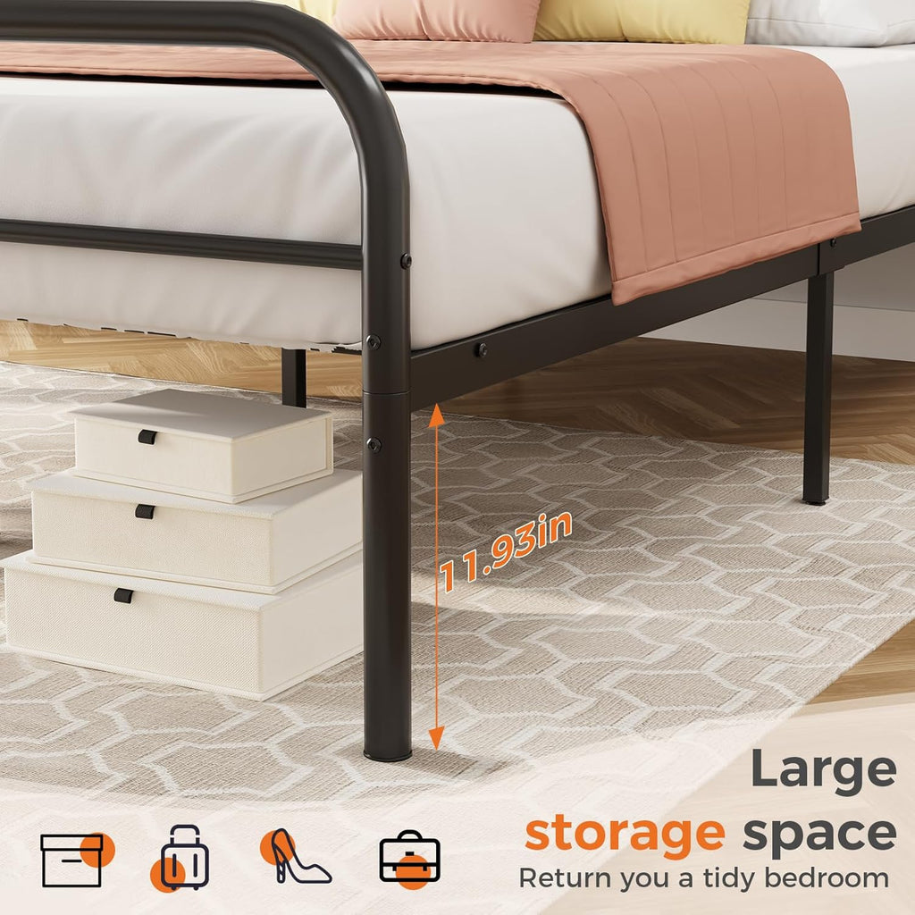 DUMOS King Size Bed Frame with Iron-Art Headboard, Heavy Duty Metal Platform Bed, 11.9" Under-Bed Storage, No Box Spring Needed, Easy Assembly, Modern Black