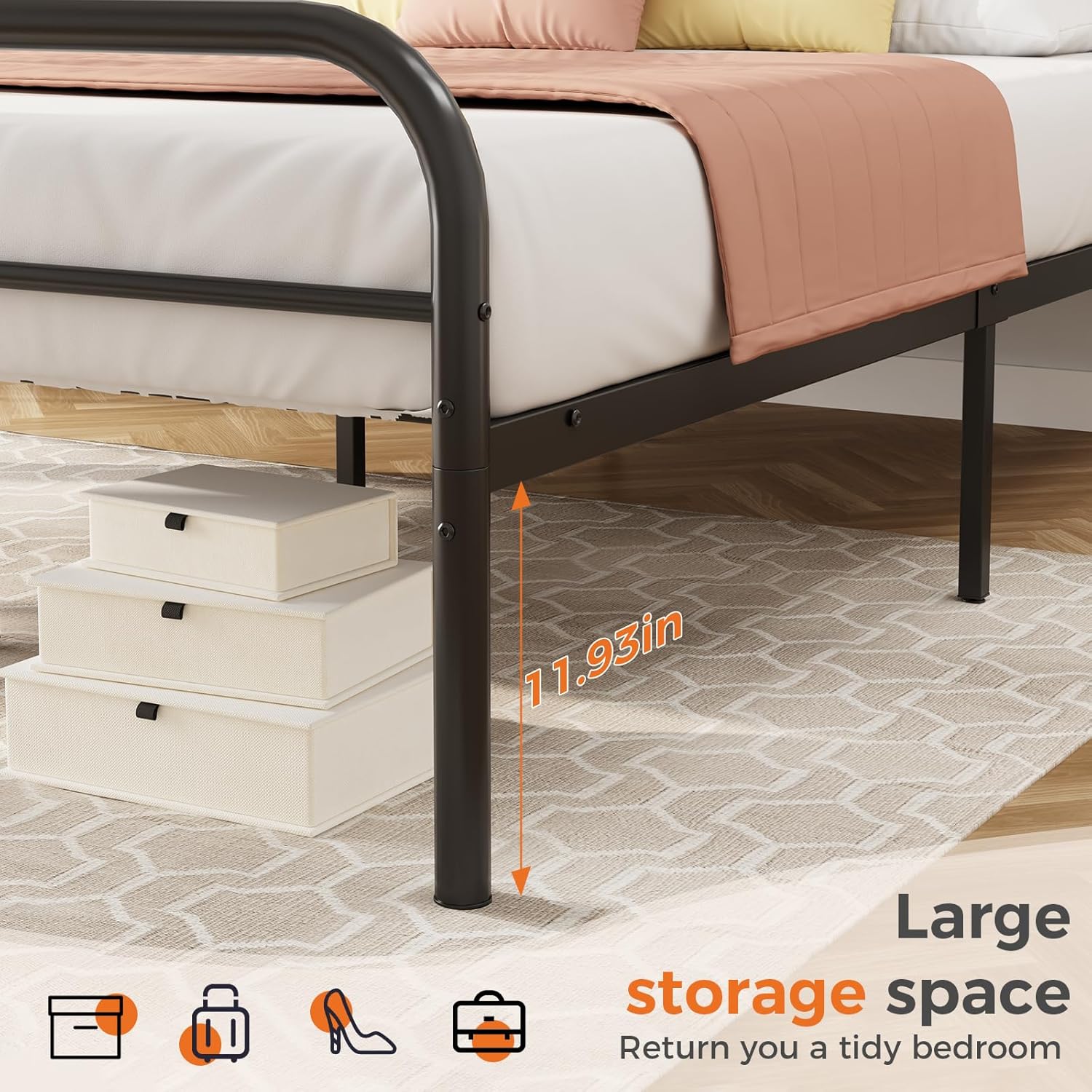DUMOS King Size Bed Frame with Iron-Art Headboard, Heavy Duty Metal Platform Bed, 11.9" Under-Bed Storage, No Box Spring Needed, Easy Assembly, Modern Black