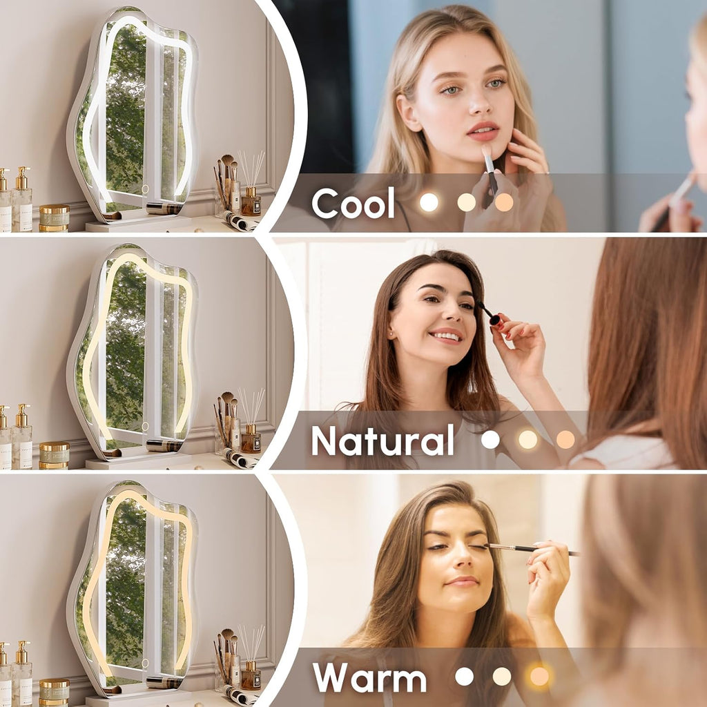 homary White Makeup Vanity Set with LED Mirror and Dressing Stool, Modern PU Leather Dressing Table with Drawers for Bedroom, Ideal for Women Girls (White)