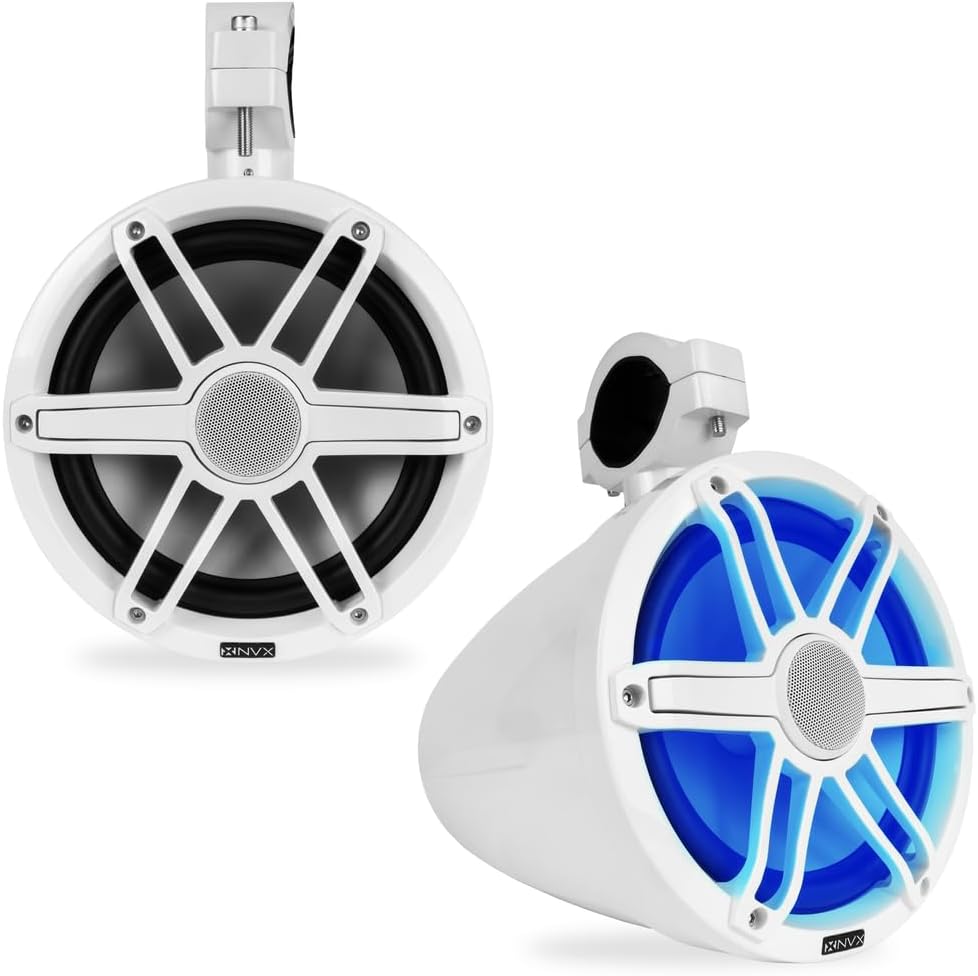 NVX MVTSP8W (Pair) - 750W Peak (250W RMS) 8" V-Series 2-Way Marine Tower Speakers with LED Lighting & 359° Swiveling Clamps - Sport White