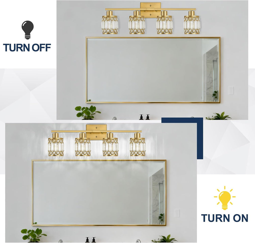 Crystal Modern Bathroom Light Fixtures, 4-Light Brushed Gold Bathroom Vanity Wall Light, Vanity Lights for Mirror, Restroom, Bedroom (E26 Socket, Bulbs Not Included)