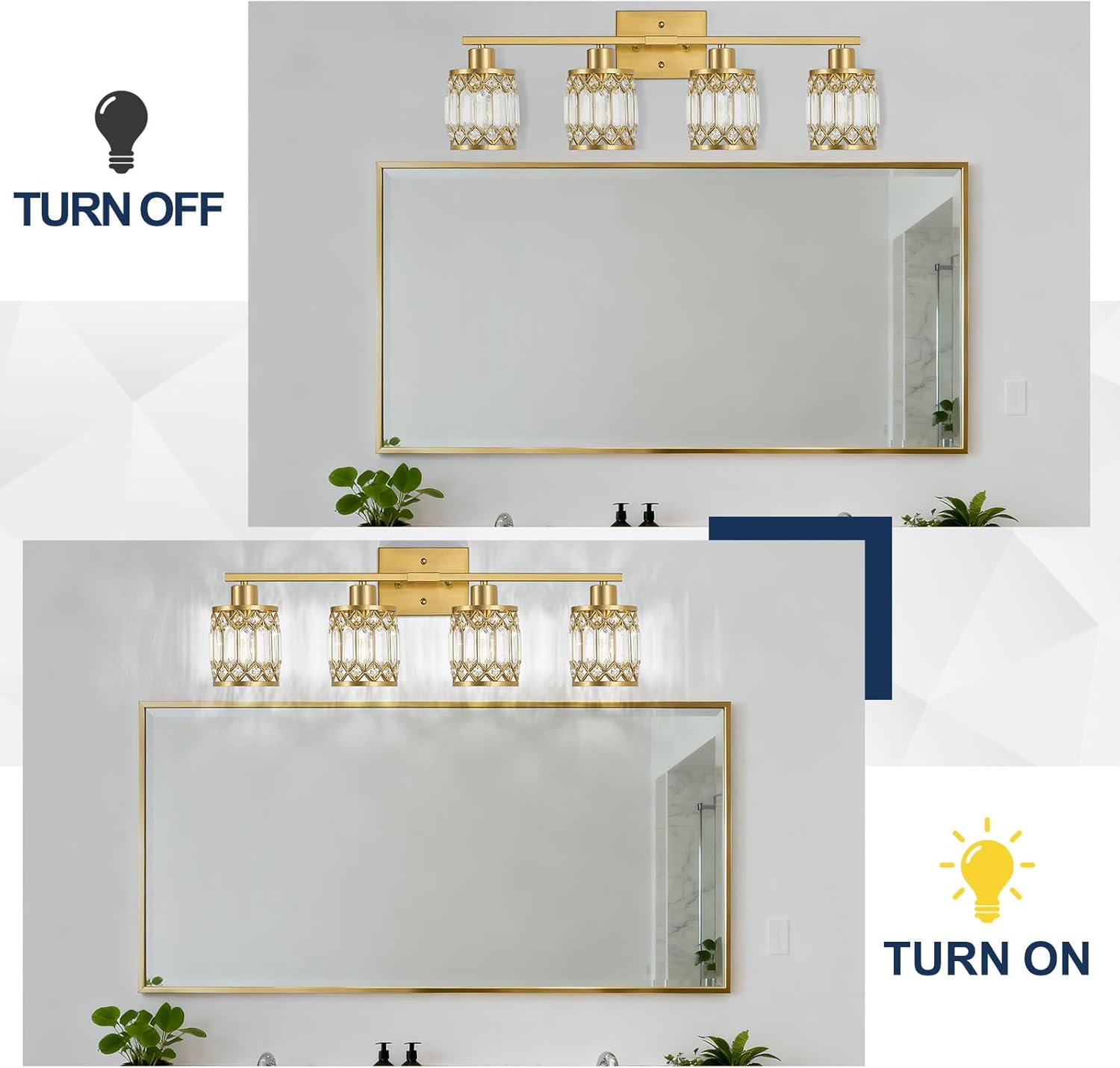 Crystal Modern Bathroom Light Fixtures, 4-Light Brushed Gold Bathroom Vanity Wall Light, Vanity Lights for Mirror, Restroom, Bedroom (E26 Socket, Bulbs Not Included)