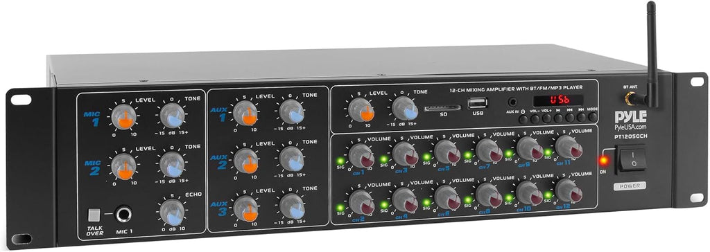 Pyle 12-Channel Wireless Bluetooth Power Amplifier - 6000 Watts Maximum Power Output, Multi-Zone Audio Source Mixer Receiver with USB, SD, AUX Inputs, and Digital LED Display Panel - PT12050CH.5