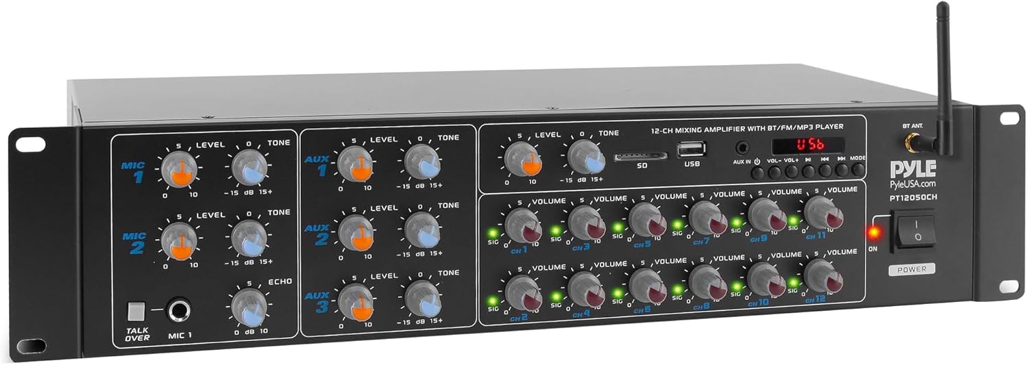 Pyle 12-Channel Wireless Bluetooth Power Amplifier - 6000 Watts Maximum Power Output, Multi-Zone Audio Source Mixer Receiver with USB, SD, AUX Inputs, and Digital LED Display Panel - PT12050CH.5