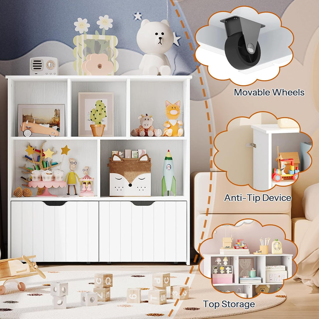 HOOBRO Toy Storage Organizer, Toy Organizers and Storage with 2 Movable Drawers and 5 Cubbies, Toy Chest Shelf for Books or Dolls, Kids Bookshelf and Toy Storage for Playroom, White WT88CW01