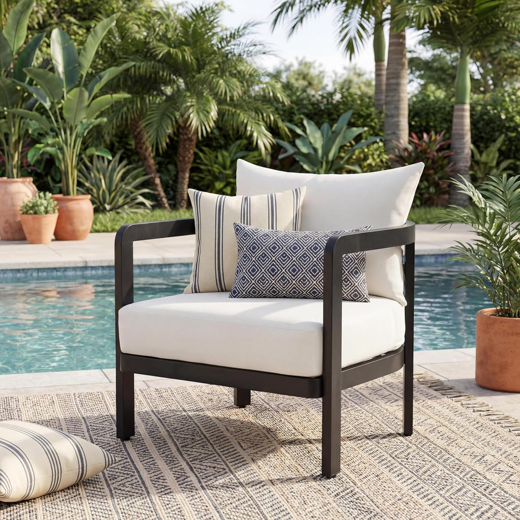 Christopher Knight Home Lulala Aluminum Lounge Chair Outdoor with Removable Cushion, Metal Frame Patio Accent Chair, Patio Garden Comfy Reading Chair, Beige+Black