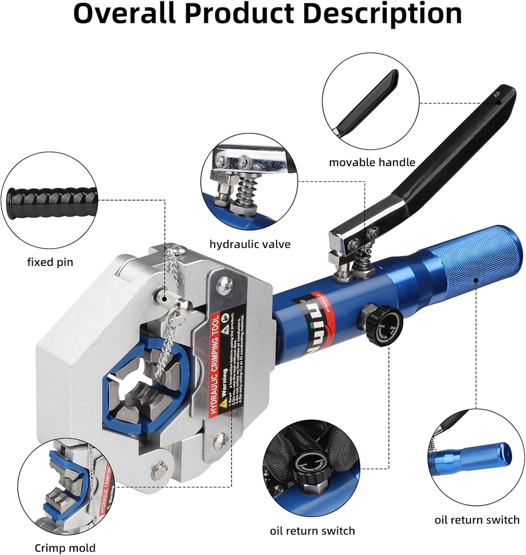 FS-7842A Hydraulic Hose Crimper Kit - 8T Handheld Crimping Tool w/Quick-Lock Dies, 7 Molds for Auto A/C, HVAC & Industrial Piping (3/8"-7/8")