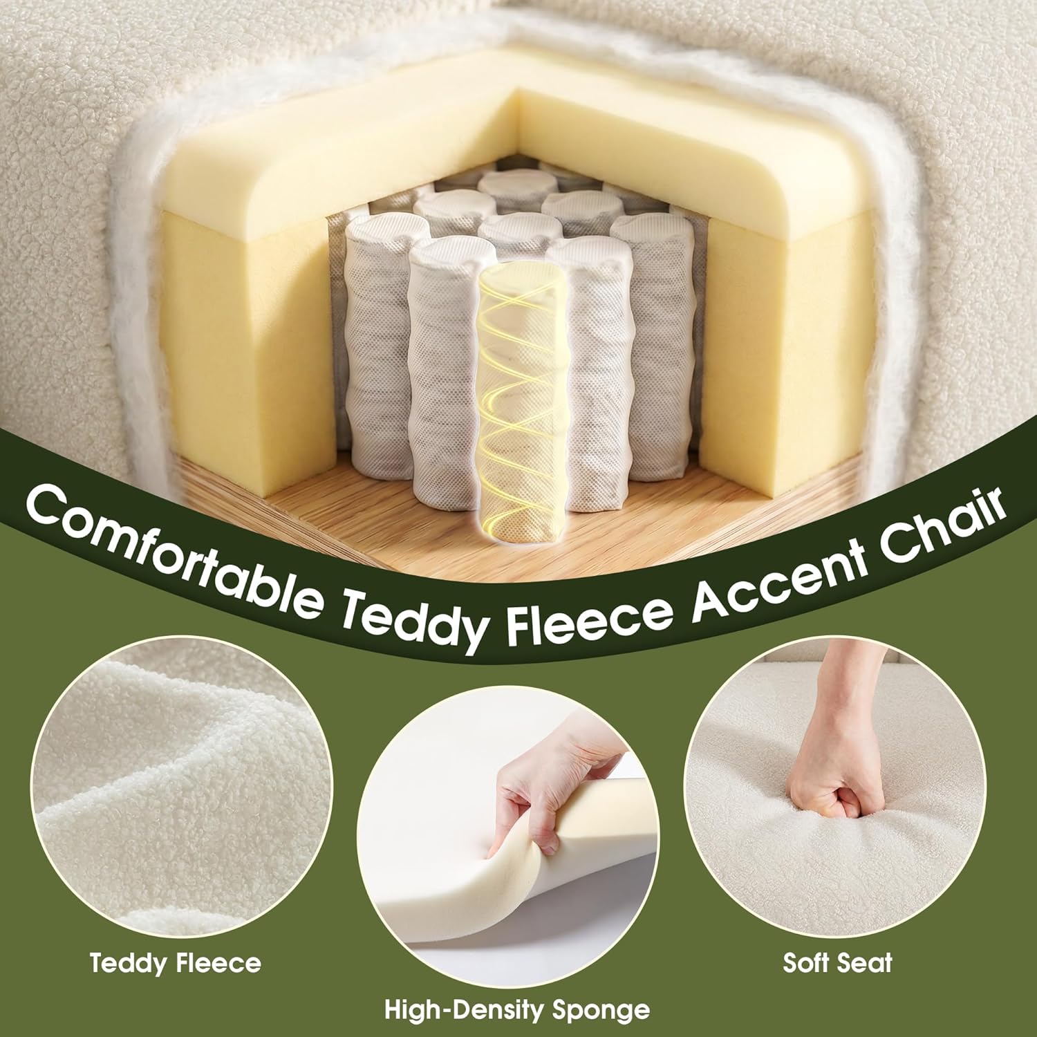Homkdom Barrel Accent Chair with Storage Ottoman, Teddy Fleece Shell Back with Lumbar Support, Spring Foam Seat, 300 lbs, for Bedroom Reading Corner, Creamy White