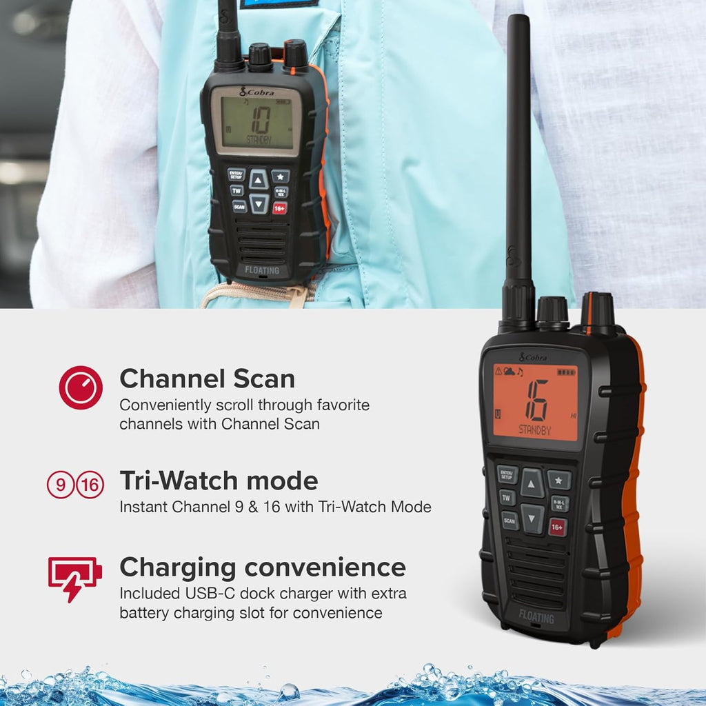 Cobra BlueBound 350 VHF Handheld Marine Radio – Black – 6-Watt, Floating, Long Range, NOAA Weather Alerts, International Functionality, IPX7 Waterproof, USB-C, Submersible, LCD Screen, Belt Clip