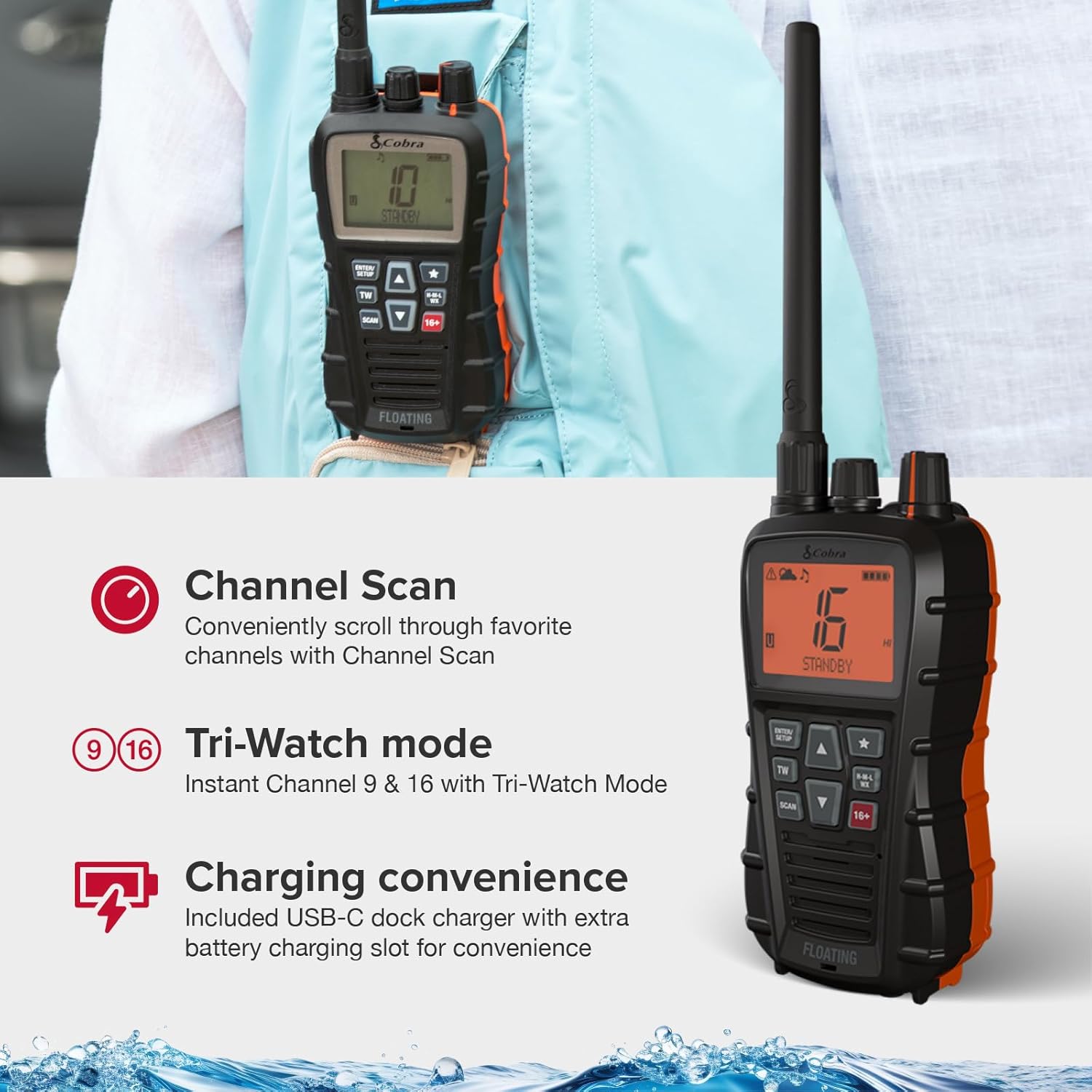 Cobra BlueBound 350 VHF Handheld Marine Radio – Black – 6-Watt, Floating, Long Range, NOAA Weather Alerts, International Functionality, IPX7 Waterproof, USB-C, Submersible, LCD Screen, Belt Clip