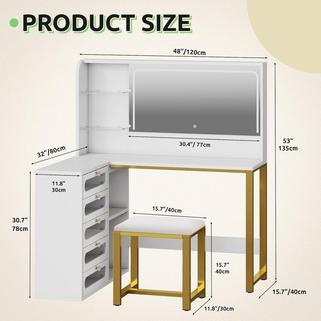 DWVO Vanity Desk with Light and Mirror, 3 Lighting Modes, L-Shaped Corner Vanity Table, 48" Large Dressing Table with 5 Tempered Glass Drawers with Open Storage Shelves