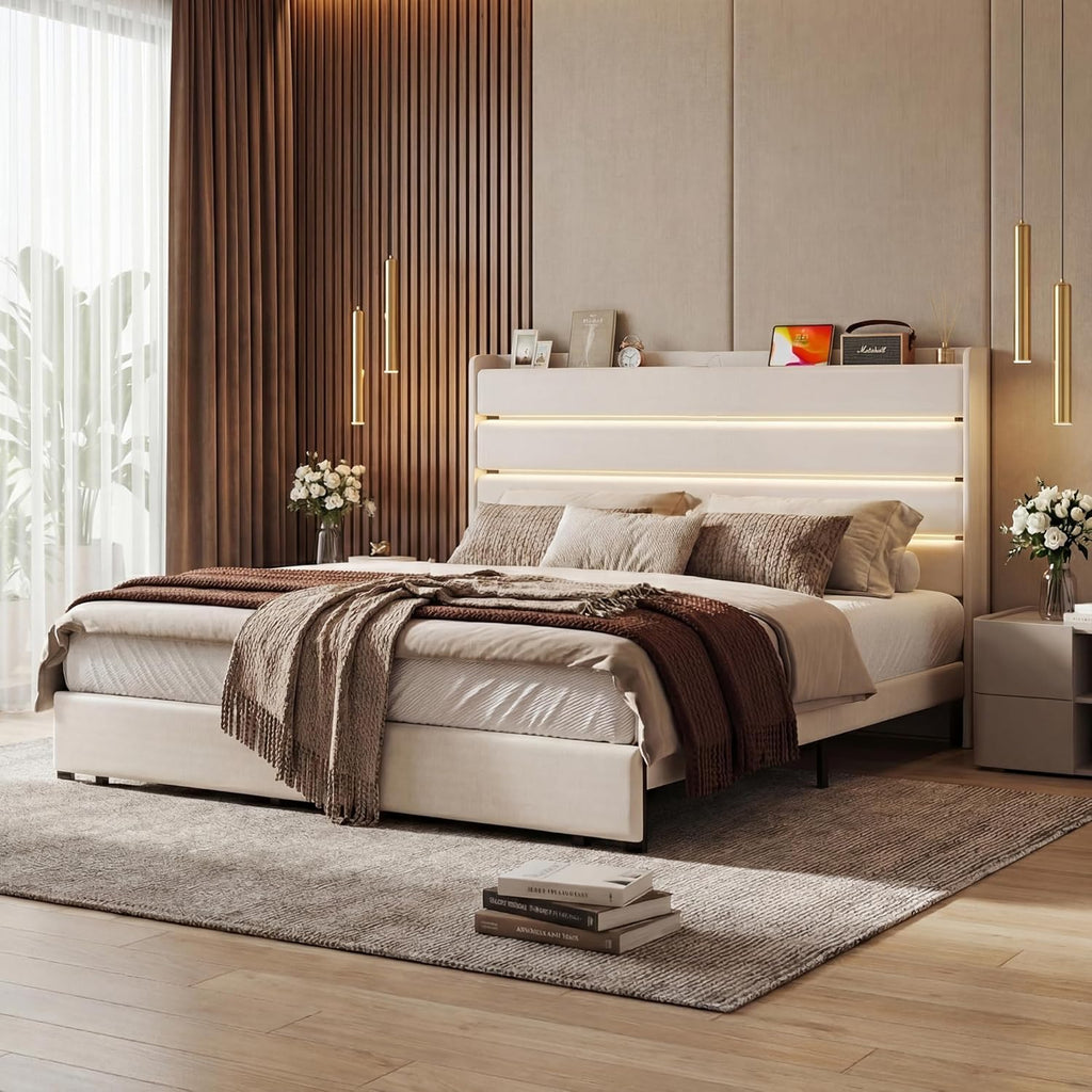 Queen Bed Frame with 2 Storage Drawers, Velvet Upholstered Bed Frame Queen Size Upholstered Headboard with LED Light & Charging Station, Platform Bedframe with Metal Slats, No Box Spring Needed, White