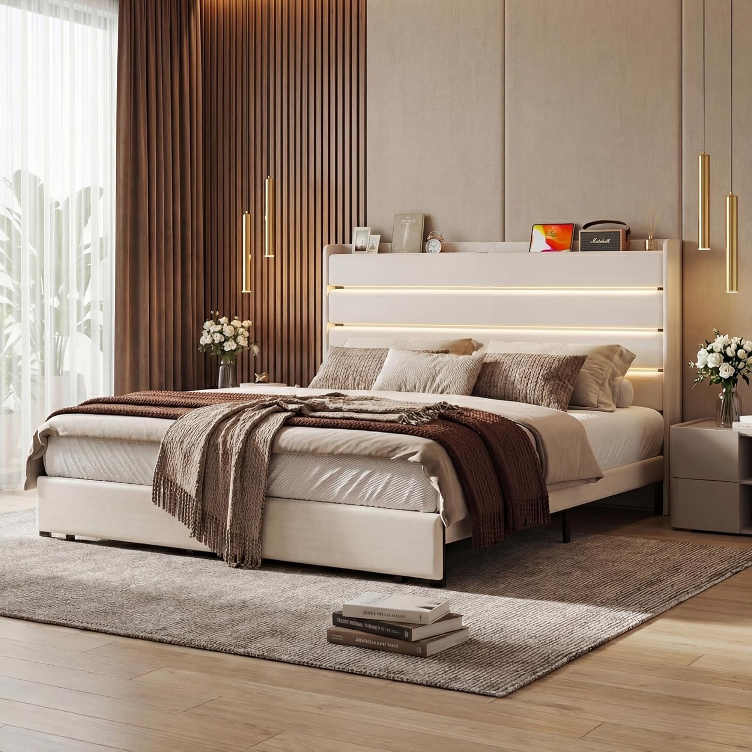Queen Bed Frame with 2 Storage Drawers, Velvet Upholstered Bed Frame Queen Size Upholstered Headboard with LED Light & Charging Station, Platform Bedframe with Metal Slats, No Box Spring Needed, White