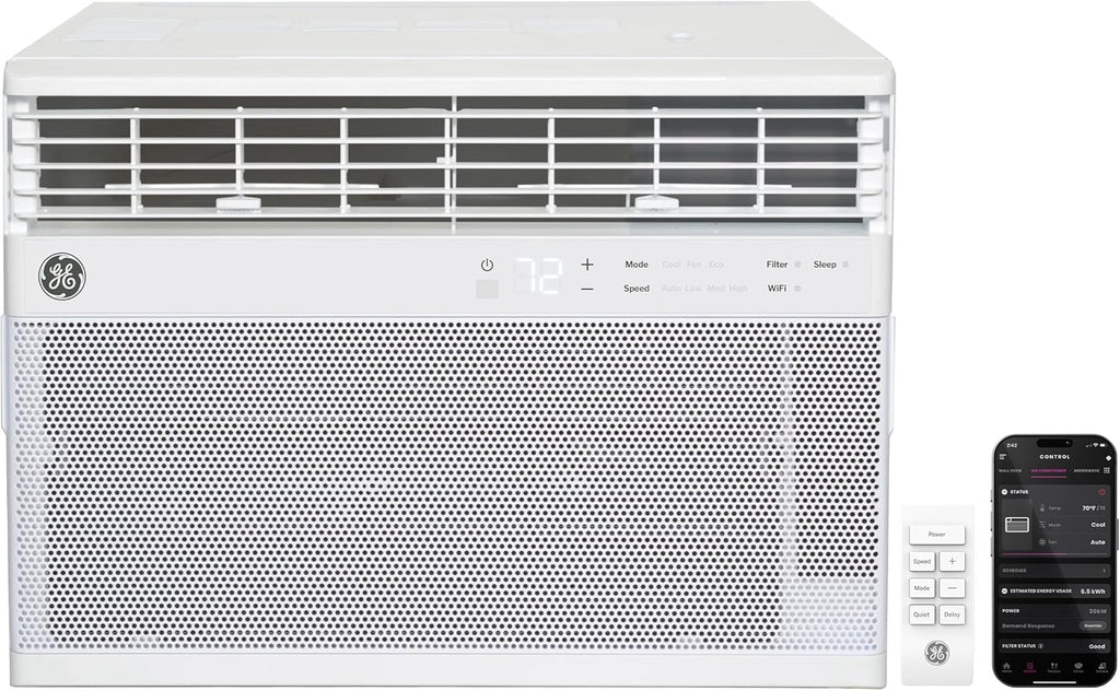 GE Window Air Conditioner 10,000 BTU for Rooms up to 450 sq ft., Wi-Fi Enabled, Energy-Efficient Cooling for Medium Rooms, Easy Install Kit, Control Using Remote or Smartphone App, White