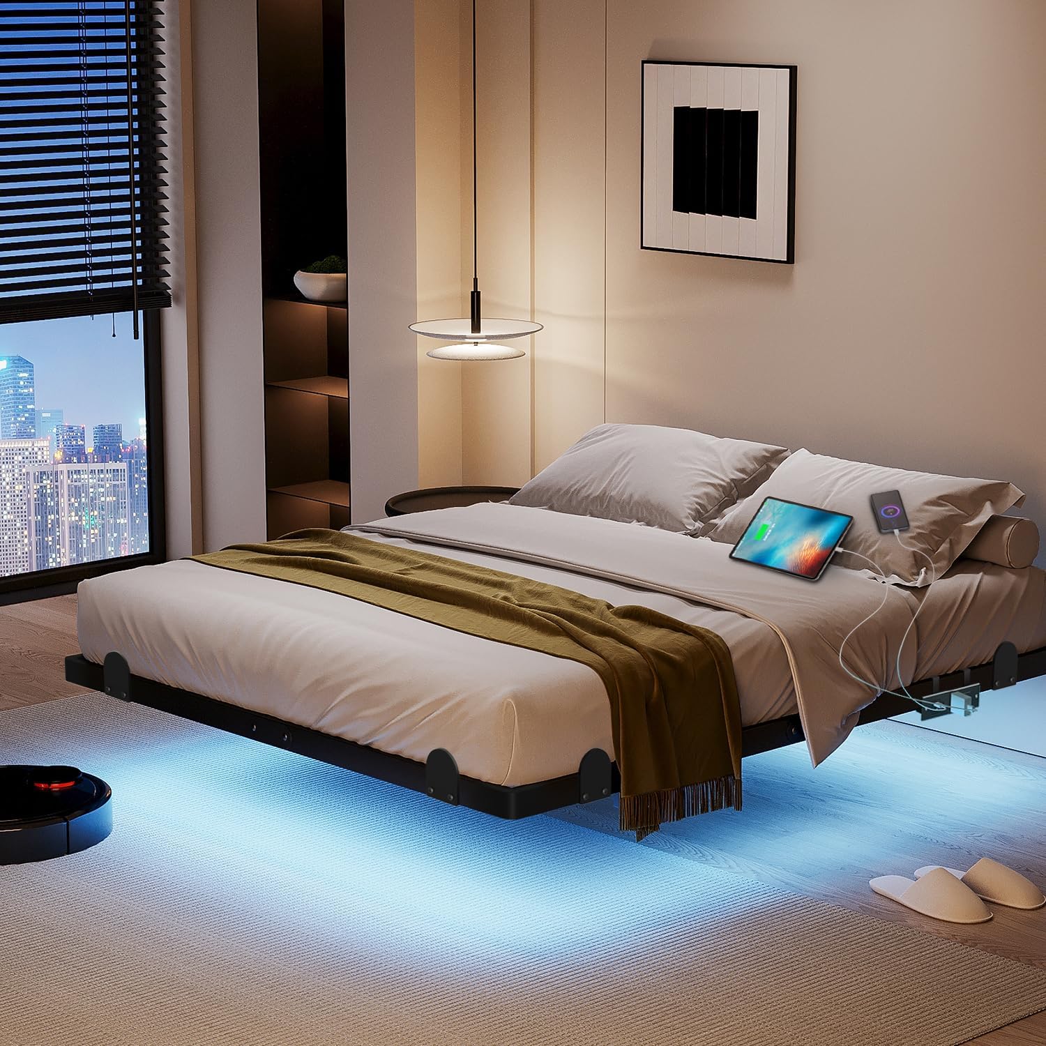 qimamo 14 Inch Floating King Bed Frame with Smart LED Lights and Charging Station, Modern Metal King Bed Frame, Easy to Assemble, No Box Spring Needed