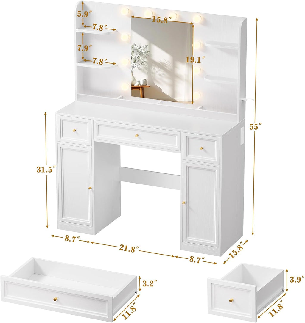 Large Vanity Desk with Mirror and Lights, Makeup Vanity with Power Outlets, 3 Drawers and 2 Large Cabinets, 3 Lighting Modes Adjustable Brightness, Dressing Table for Women Girls, White