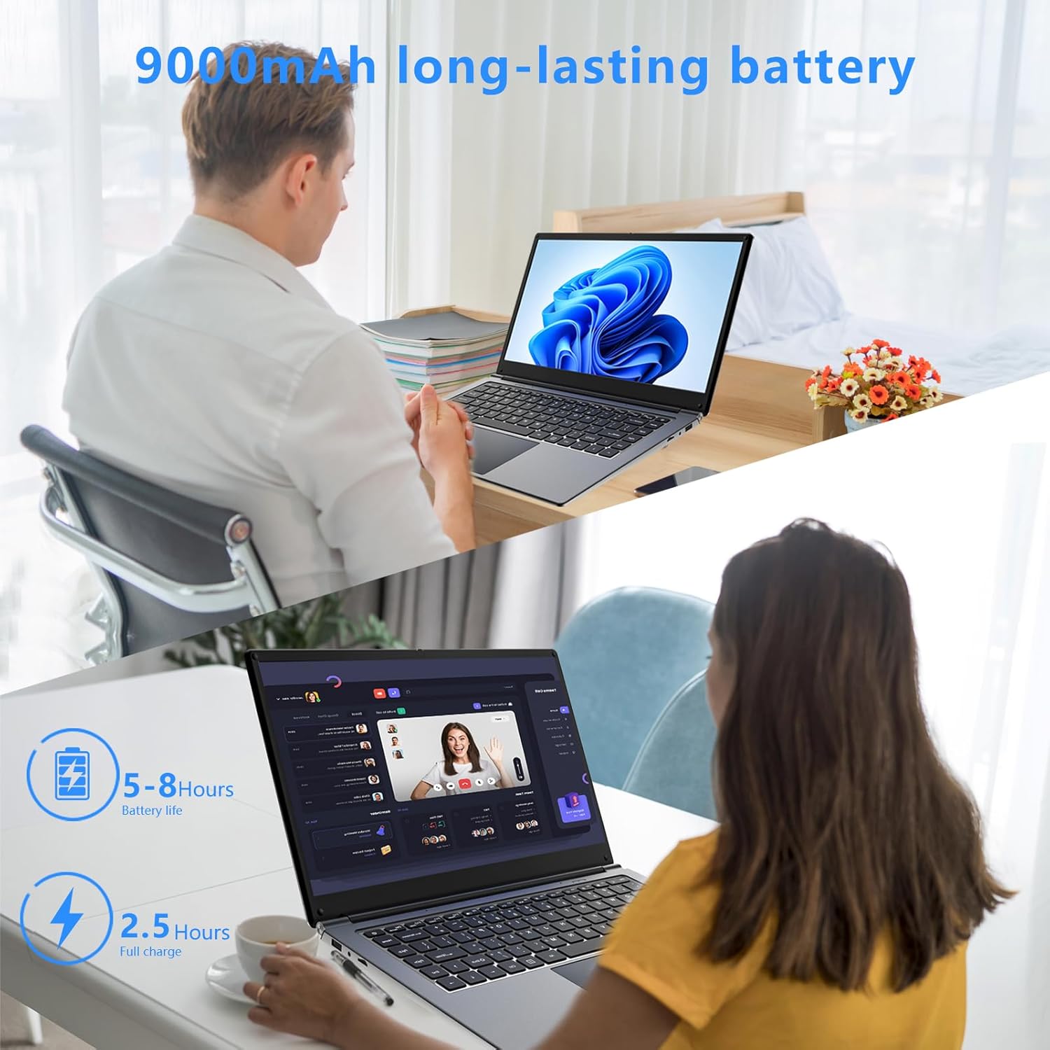 Laptop 16-inch , 8GB DDR 256GB SSD portable laptop computer, expandable to 1TB, Pentium quad-core CPU up to 2.64 GHz, 9000mAh battery, interface, USB3.0 interface, dual-band WiFi, webcam, slim laptops