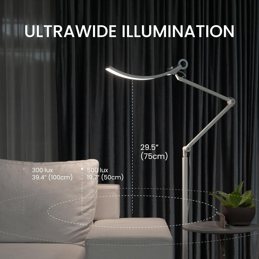 BenQ e-Reading Floor Lamp - Ultrawide and Bright Lighting, Dimmable with 13 Color Modes, Adjustable Arm, Auto-dimming, Eye-Caring Lamp for Home Office, Reading, Study, Craft, Matte Silver