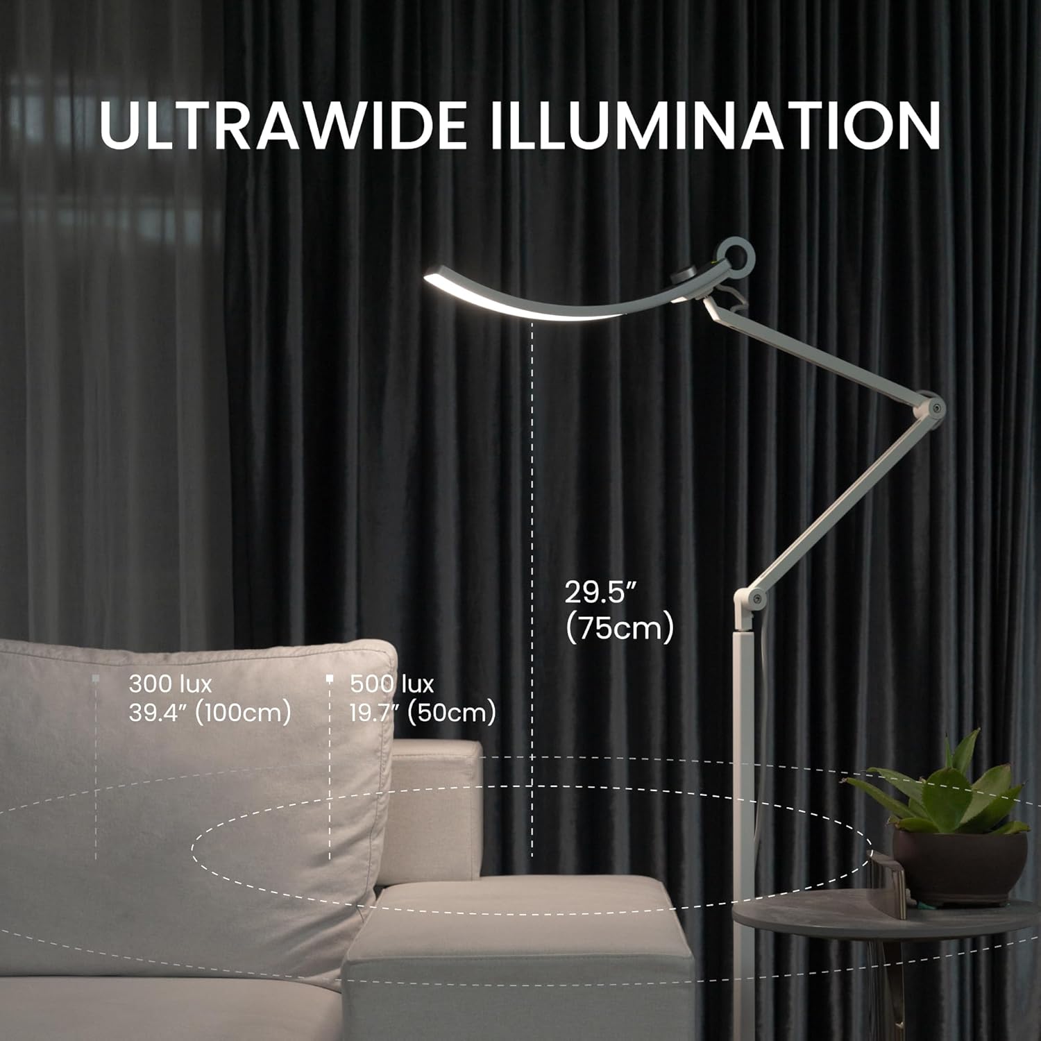 BenQ e-Reading Floor Lamp - Ultrawide and Bright Lighting, Dimmable with 13 Color Modes, Adjustable Arm, Auto-dimming, Eye-Caring Lamp for Home Office, Reading, Study, Craft, Matte Silver