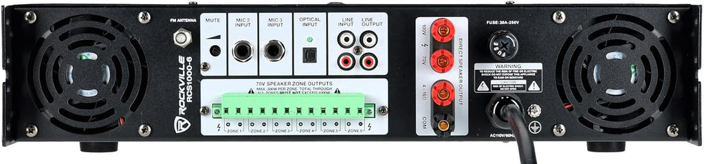 Rockville RCS1000-6 1000W 6-Zone Commercial Amplifier, Bluetooth, USB/SD Inputs, Echo Mic Controls, 70V/100V/8-Ohm Compatibility, Perfect for Restaurants, Schools, and Conference Rooms