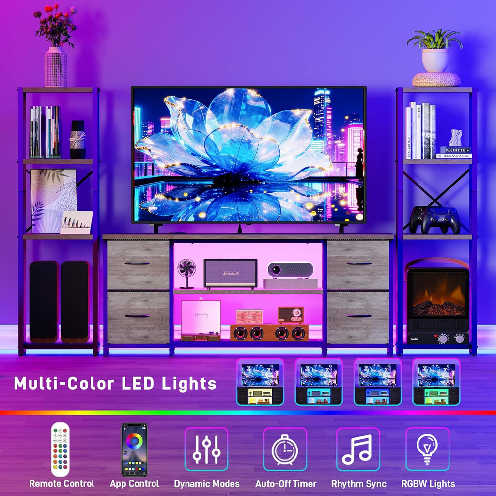 Yenlure LED TV Stand Bookshelf Combo with Charging Station for 65 60 55 Inch TV, Entertainment Center with Lights & Drawers, Industrial Media TV Console Table for Living Room Bedroom Office, Greige