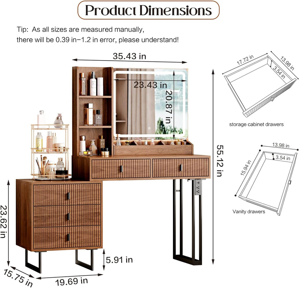 Large Vanity Desk with 3 Color Touch Screen Dimming Mirror, Vanity Desk with Charging Station, Modern Retractable Makeup Dressing Table, Makeup Table With storage shelves and 5 Sliding Drawers, Walnut