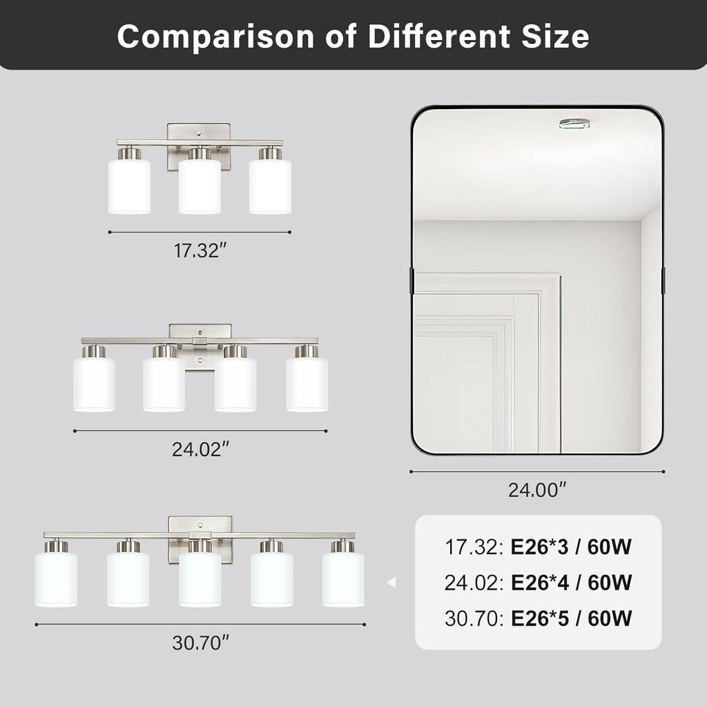 FonmYim Brushed Nickel Bathroom Light Fixtures, 5-Light Modern Vanity Light Over Mirror, Wall Sconces with Milky White Frosted Glass Shades, E26 Socket (Bulbs Not Included)
