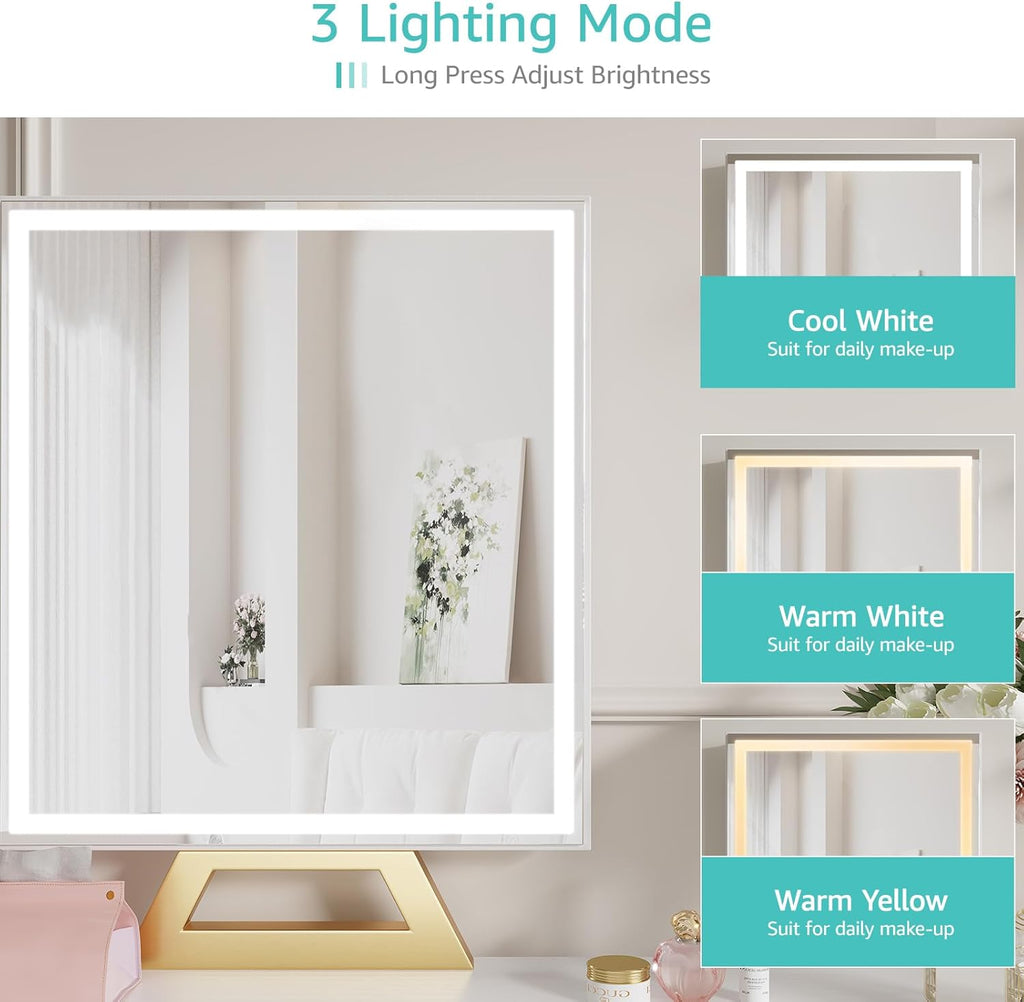 White Makeup Vanity Desk with Lights - 40 inch Girls Vanity Set with Mirror and Chair, Make Up Dresser Table with Drawers and Power Outlet for Bedroom Small Space, White and Gold