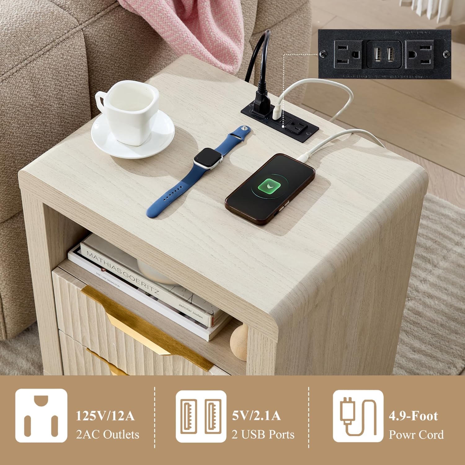 YANSNWO Modern Fluted Dresser and Nightstand Sets, Including 52" W 8 Drawer Dresser and Nightstands Set of 2 with Drawer & Charging Station, Bedroom Set for Home, White Alder