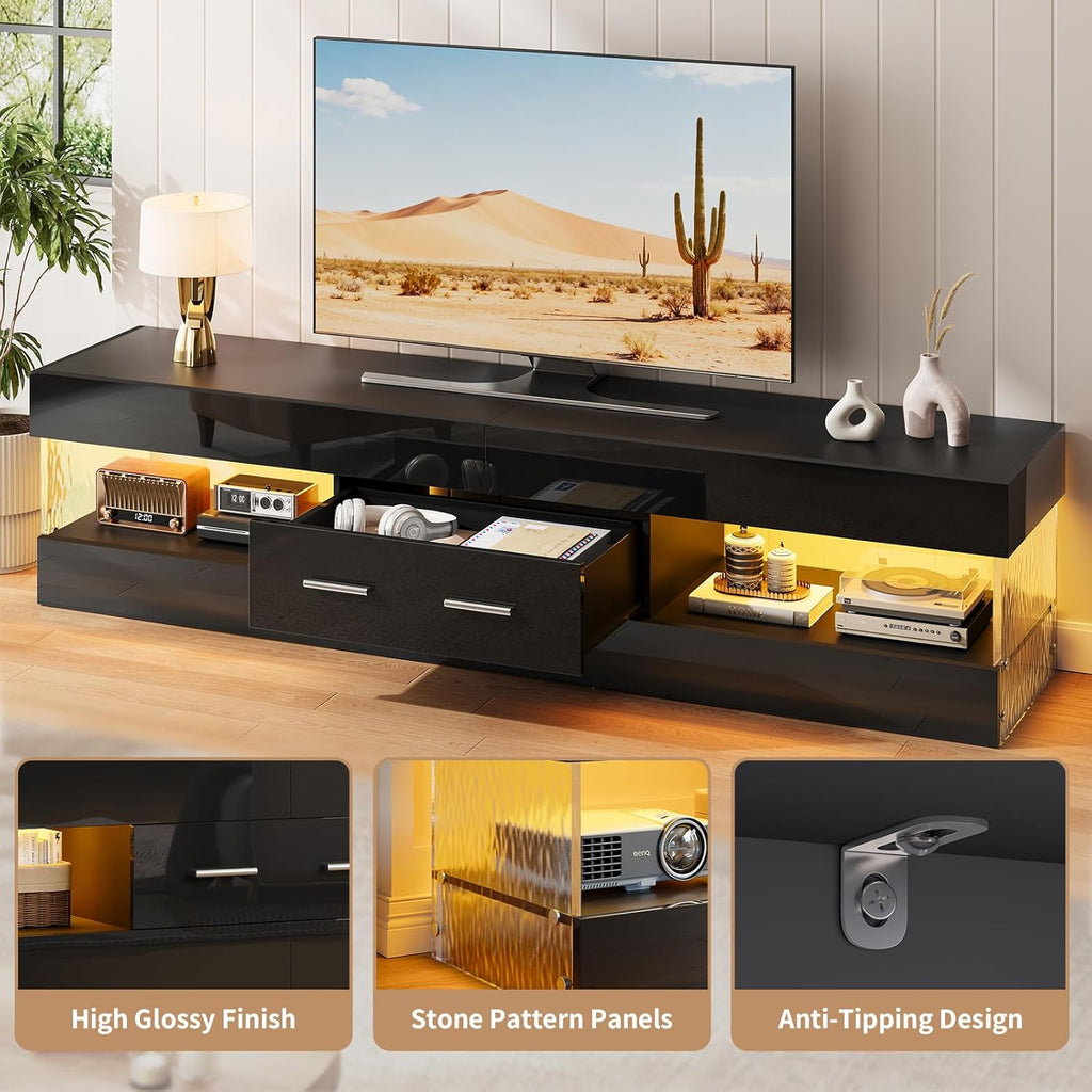 Bestier 67" Modern TV Stand for TVs 55 to 75 Inch, High Gloss LED Entertainment Center with Stone-Patterned Doors, TV Console with Drawer & Storage for Living Room, Black