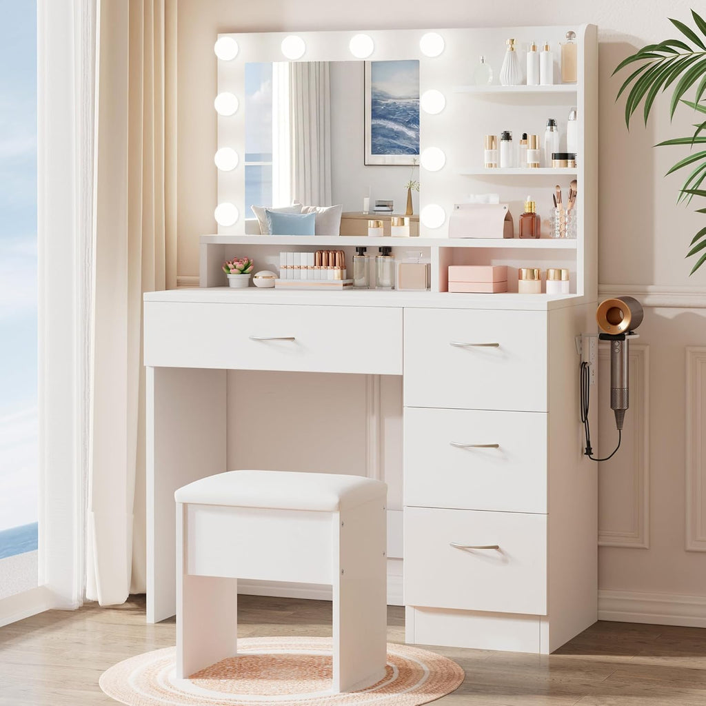 LIVELYGLOW White Makeup Vanity with HD Mirror & 10 LED Bulbs, 34.3" Dressing Table with Charging Station, 4 Drawers, Hairdryer Rack & Cushion Stool, Modern Bedroom Vanity Set