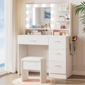 LIVELYGLOW White Makeup Vanity with HD Mirror & 10 LED Bulbs, 34.3" Dressing Table with Charging Station, 4 Drawers, Hairdryer Rack & Cushion Stool, Modern Bedroom Vanity Set