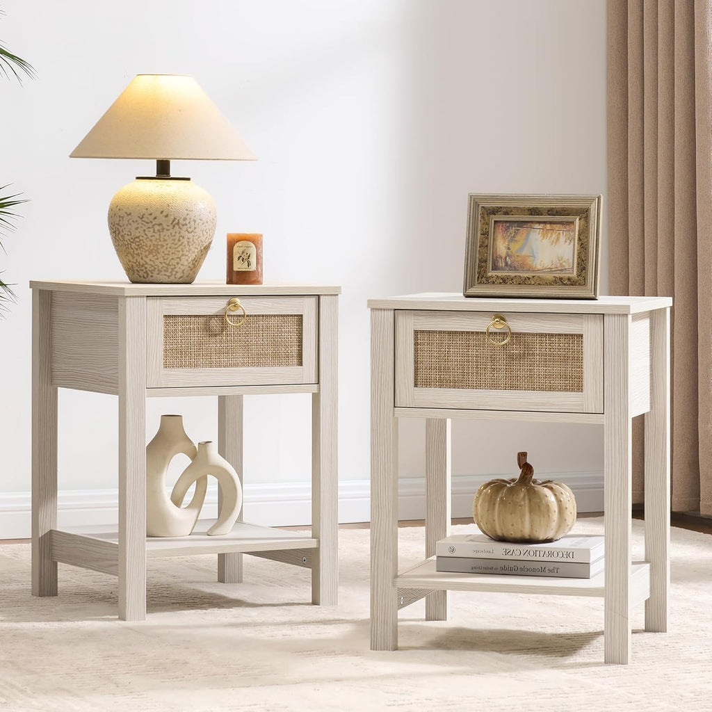 SICOTAS White Nightstand Set of 2,Rattan Decor Drawer with Brass Knobs Night Stand Bedside Table Boho End Tables Side Tables with Storage Shelf for Bedroom,Small Space