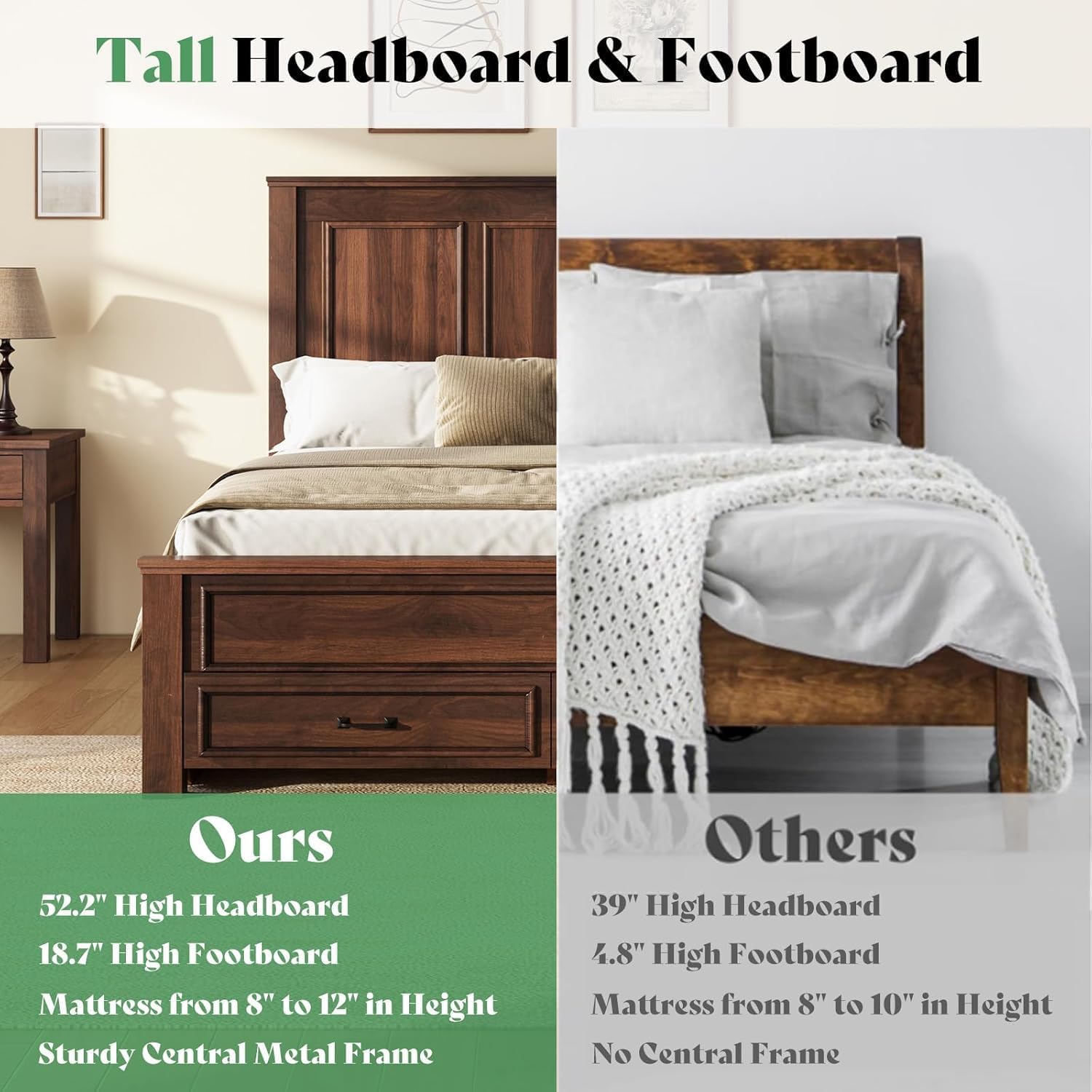 AMERLIFE Farmhouse Queen Size Bed Frame with 52.2" Tall Headboard & Footboard, Wood Platform Bed Frame with 2 Large Storage Drawers, Noiseless, No Box Spring Needed, Rustic Brown