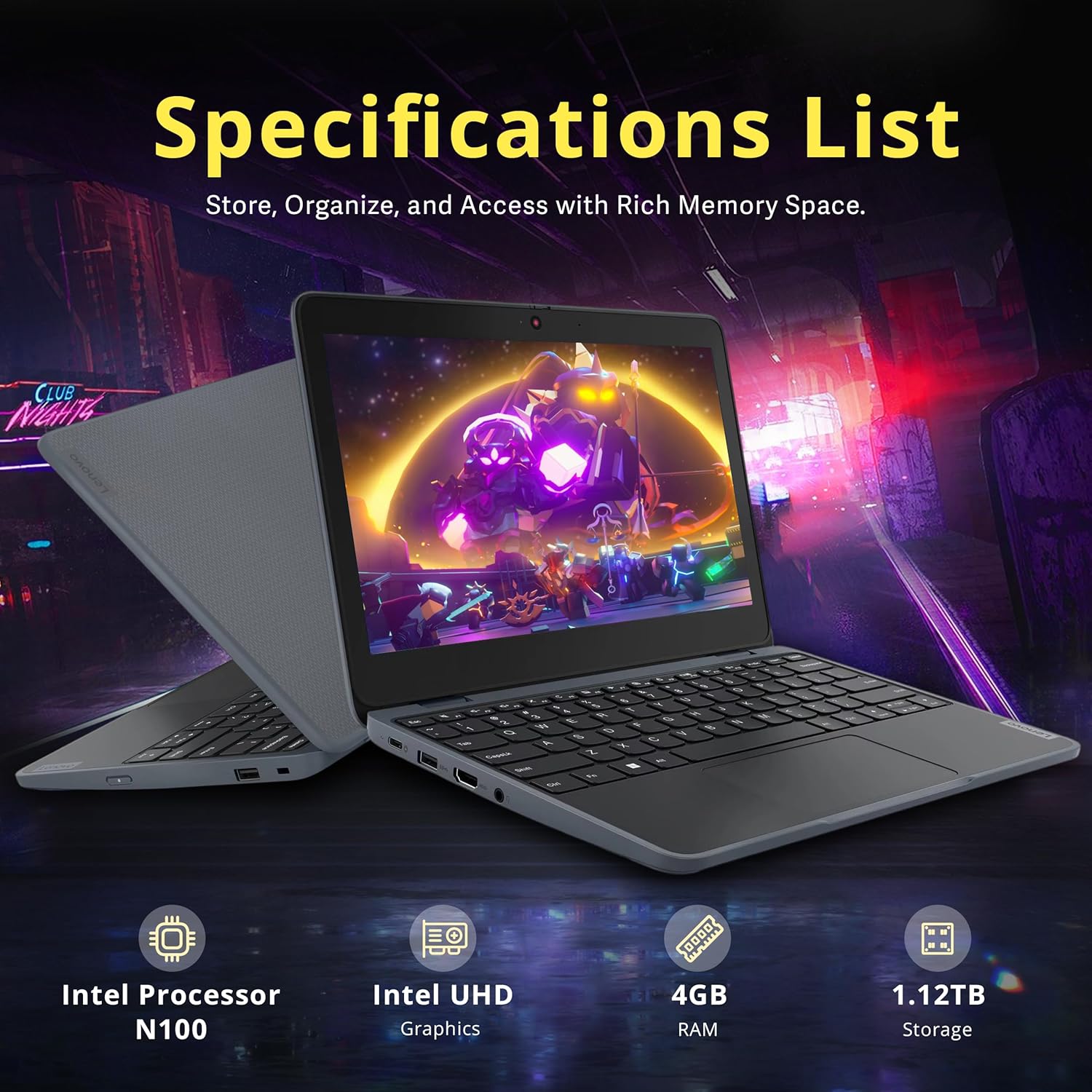 Lenovo 100w Gen 4 11.6" HD Laptop, Intel Processor N100, 4GB LPDDR5, 1.12TB Storage (128GB SSD+ 1TB Docking Station Set), Intel UHD Graphics, 720p HD Camera Wi-Fi 6, Win 11 Pro, Gray