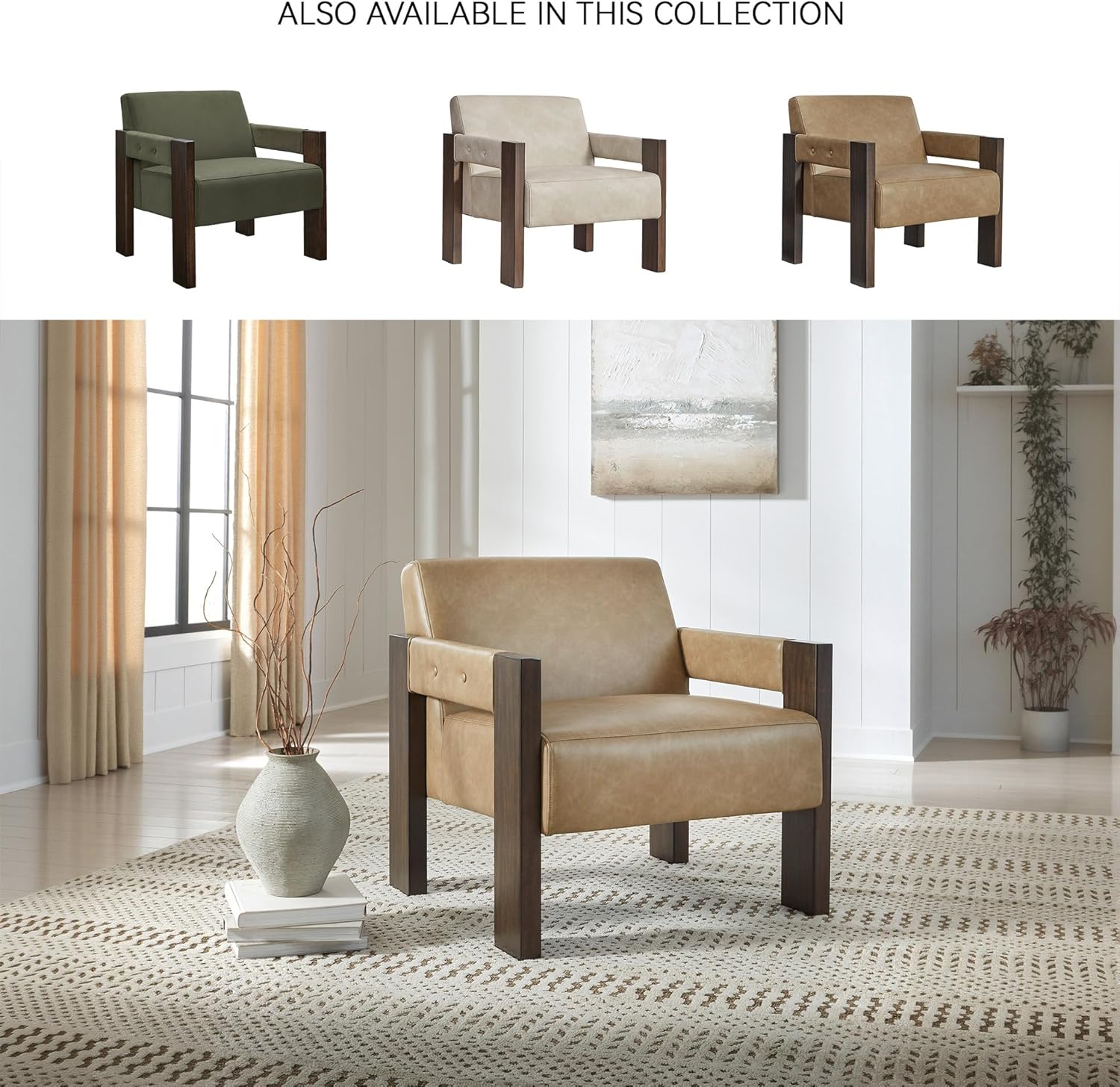Signature Design by Ashley Adlanlock Contemporary Faux Leather Accent Chair with Wood Frame, Light Brown