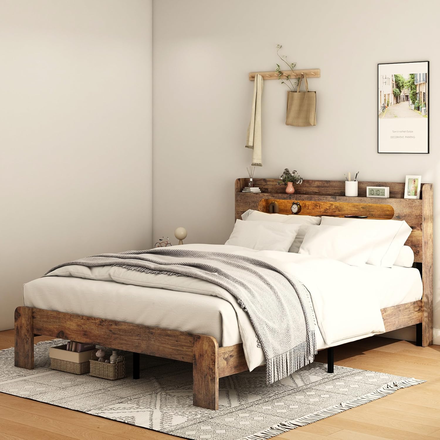 Wooden Queen Size Bed Frame with Storage Headboard, Farmhouse Platform Bedframe with Charging Station & Led Lights, Sturdy Wood Slat Framework, Easy Assembly (Rustic Brown Led)